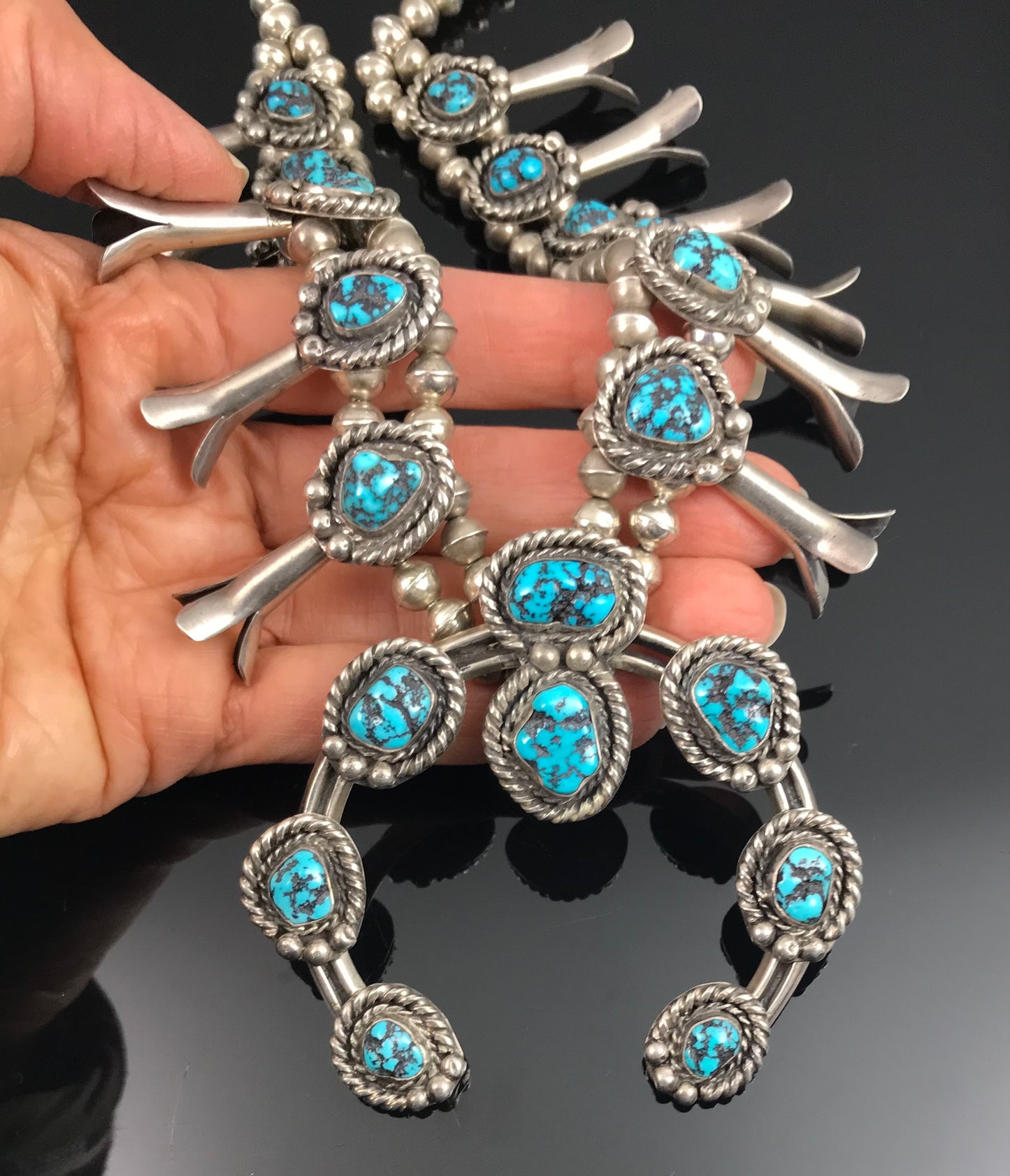 Spectacular Vintage Navajo Turquoise Squash Blossom Necklace Native American Sterling Silver