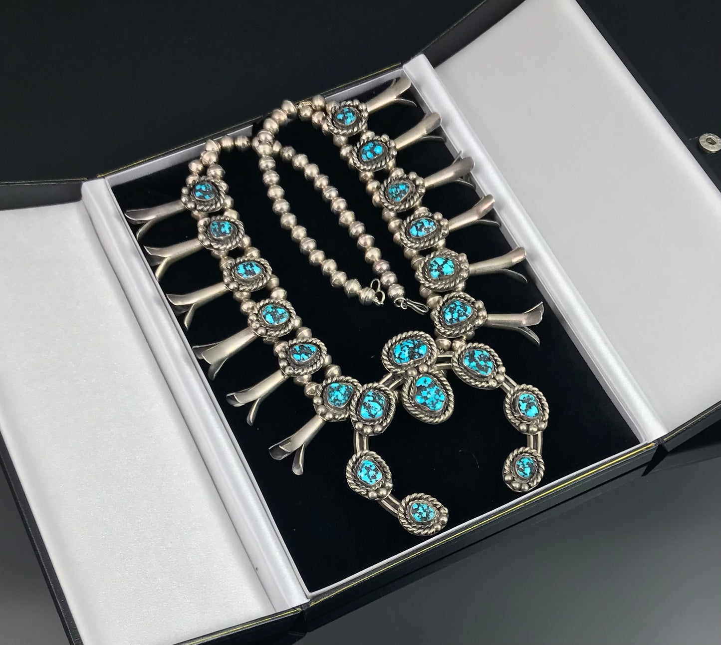 Spectacular Vintage Navajo Turquoise Squash Blossom Necklace Native American Sterling Silver