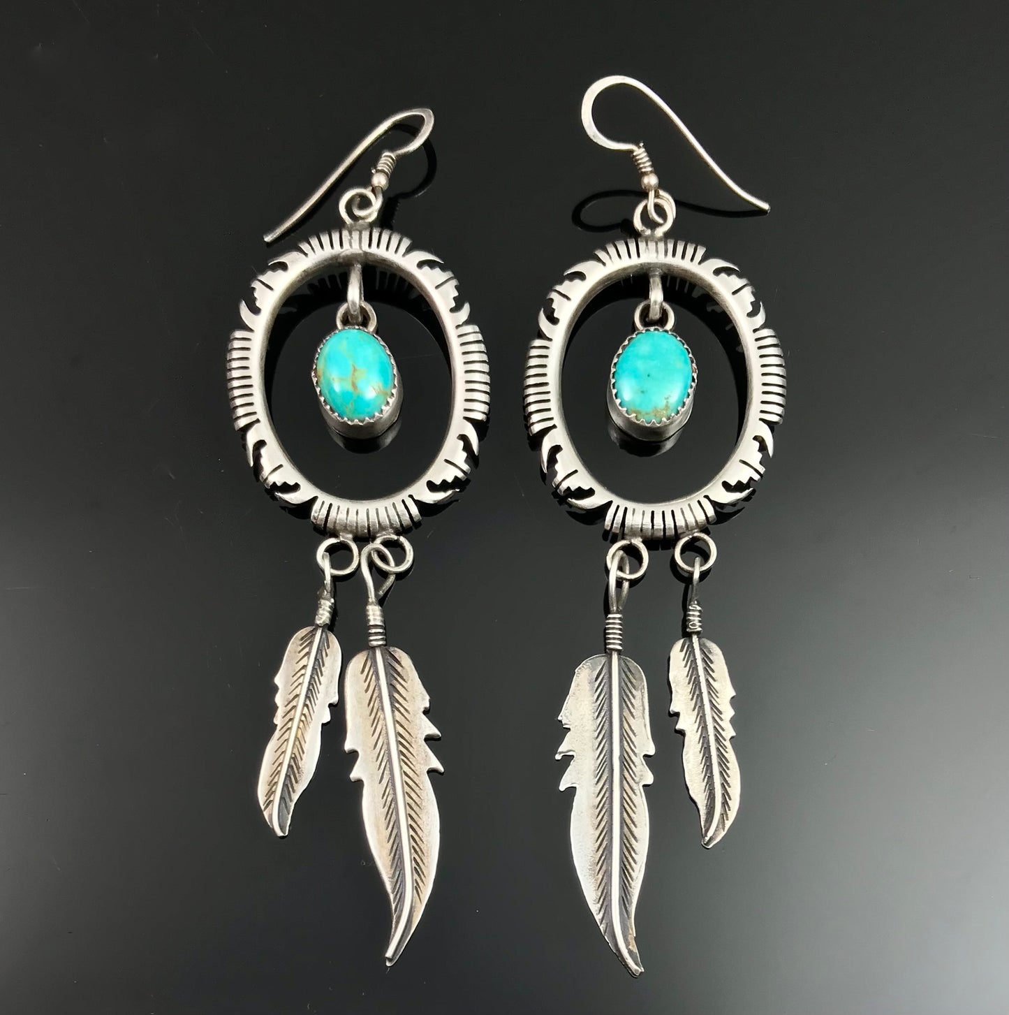 4+" LONG Turquoise Feather Earrings Native American Navajo - Vintage