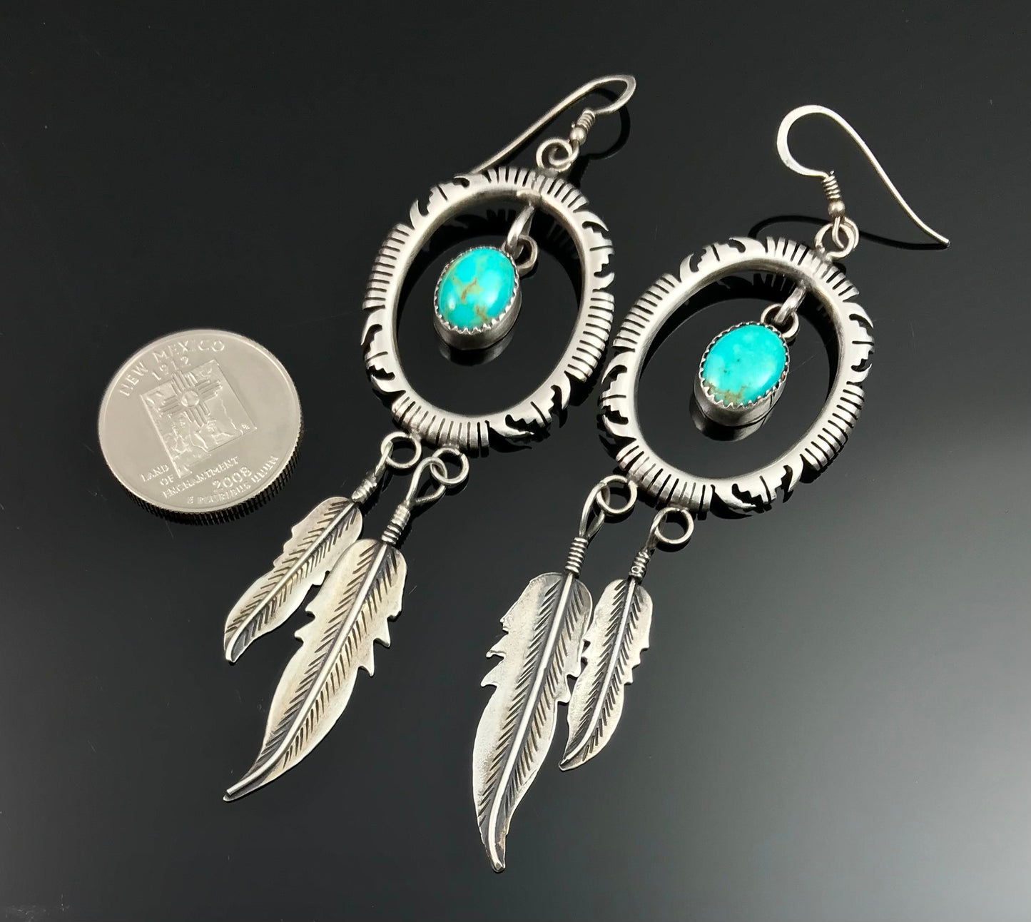 4+" LONG Turquoise Feather Earrings Native American Navajo - Vintage