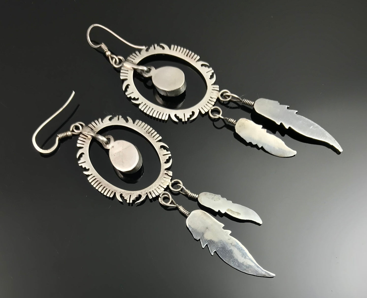 4+" LONG Turquoise Feather Earrings Native American Navajo - Vintage