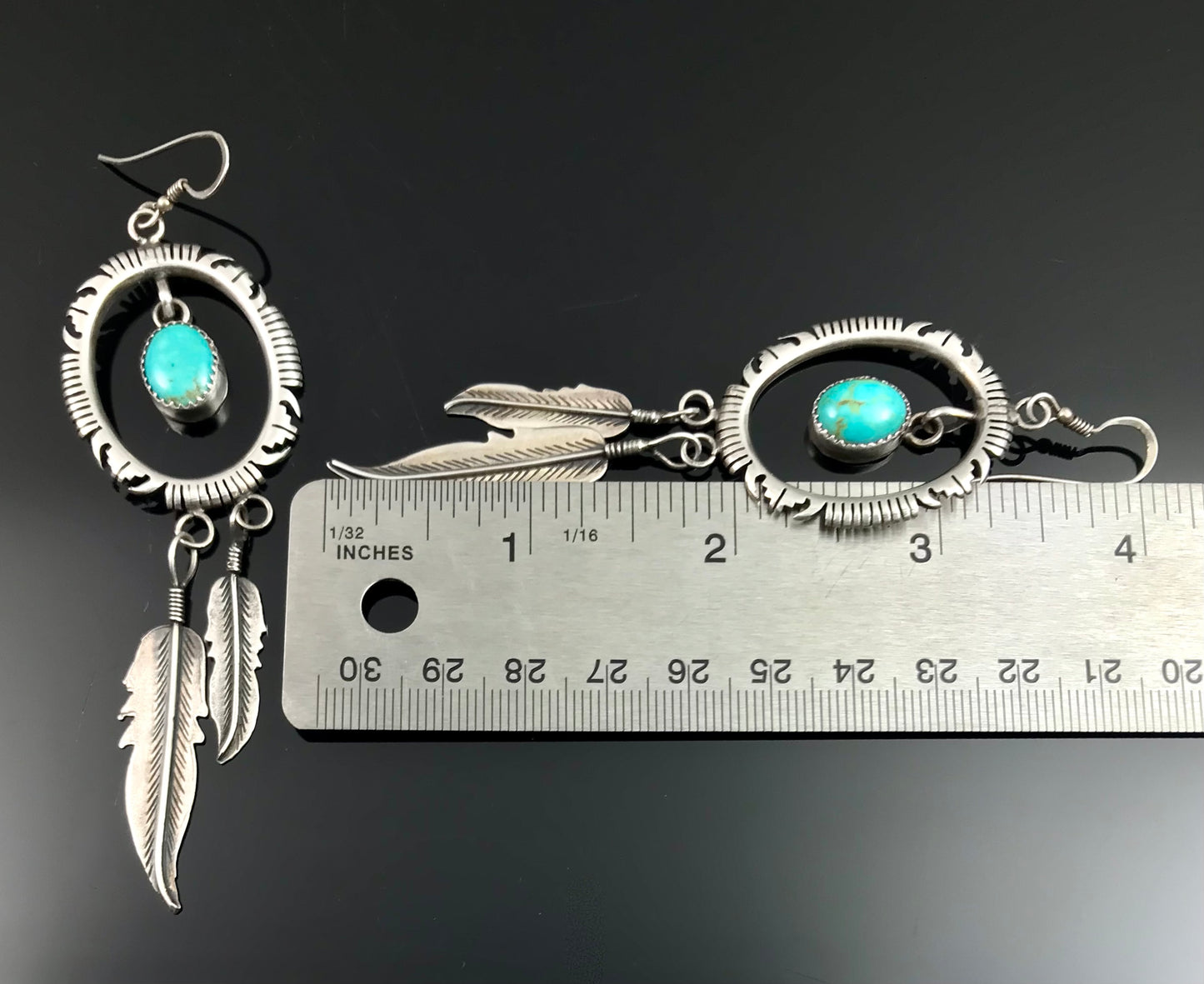 4+" LONG Turquoise Feather Earrings Native American Navajo - Vintage