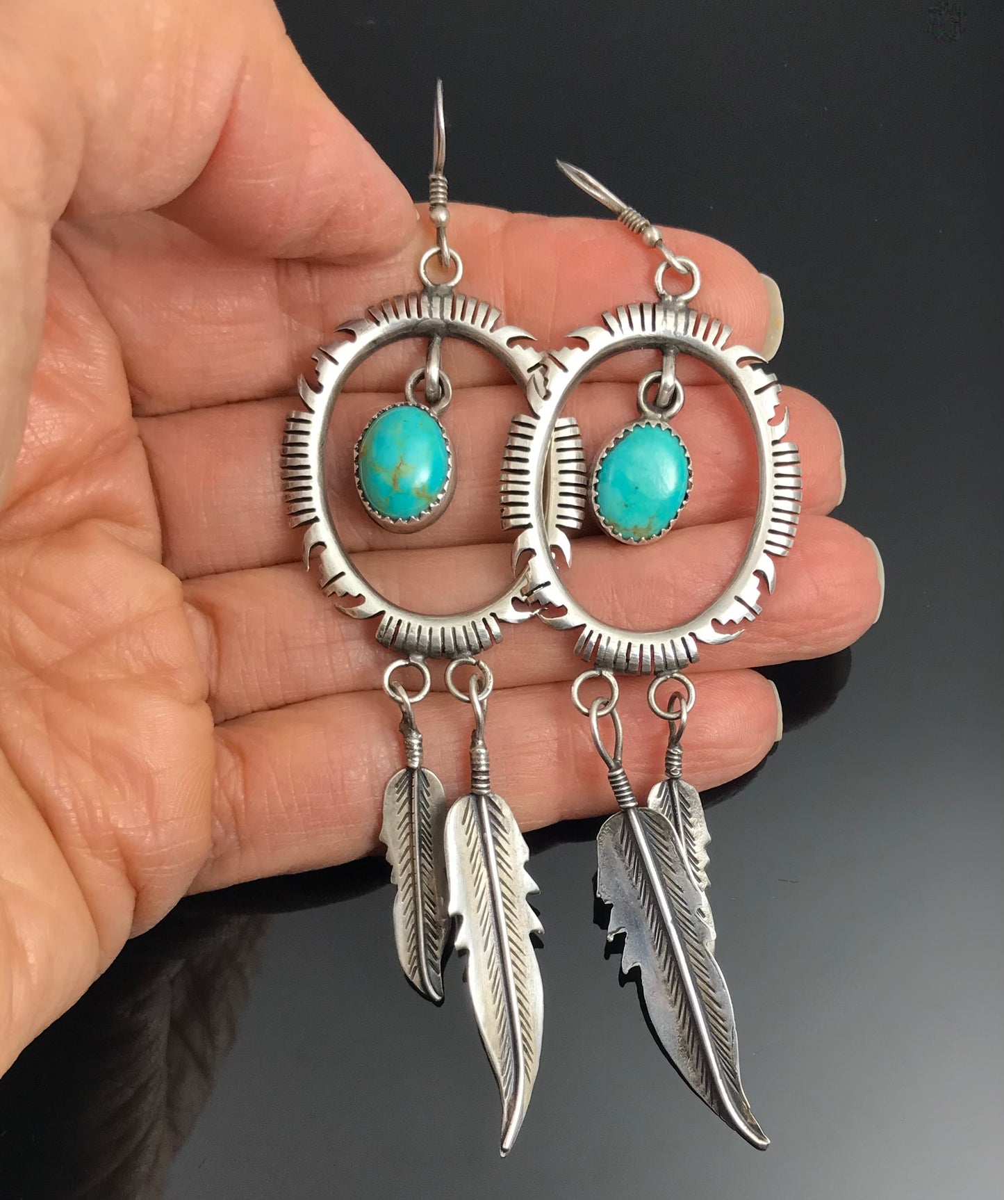 4+" LONG Turquoise Feather Earrings Native American Navajo - Vintage