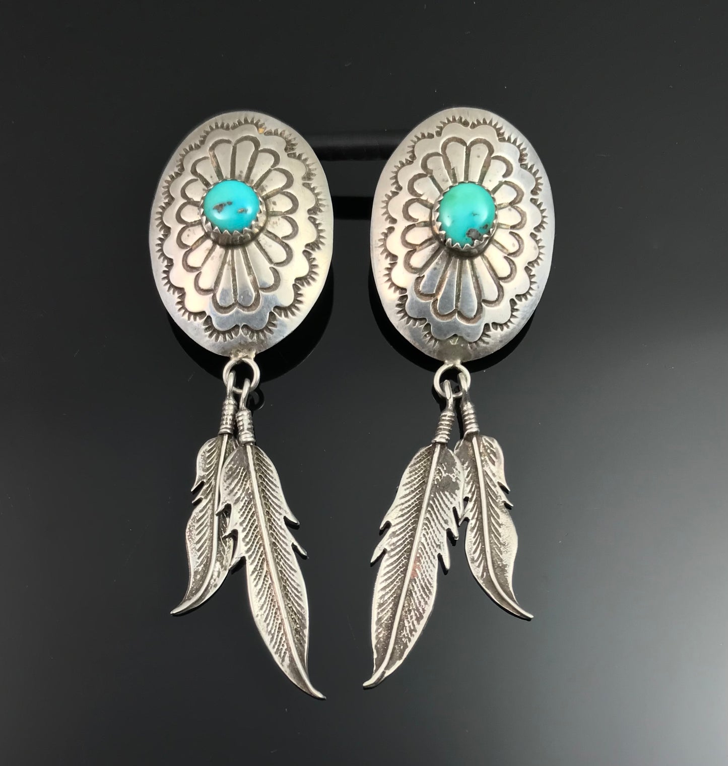 Turquoise Concho and Feather Earrings Native American Navajo - Vintage