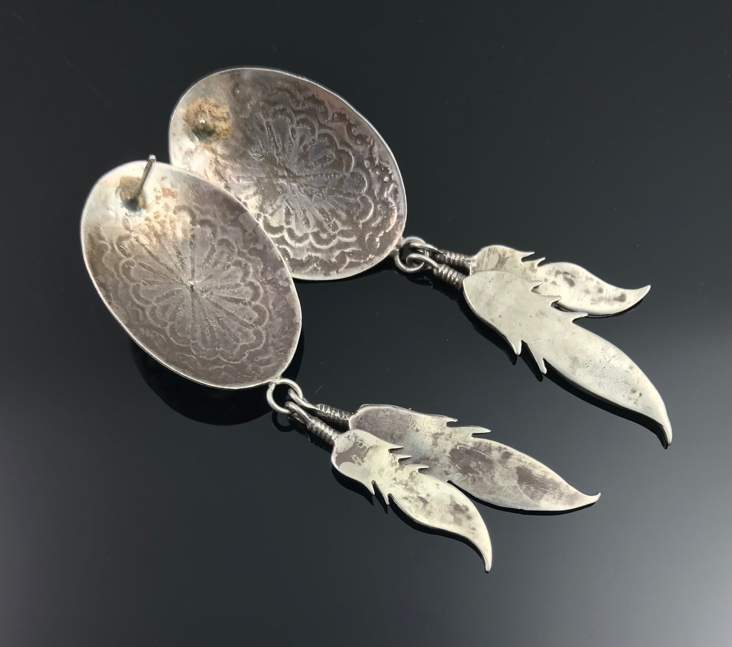 Turquoise Concho and Feather Earrings Native American Navajo - Vintage