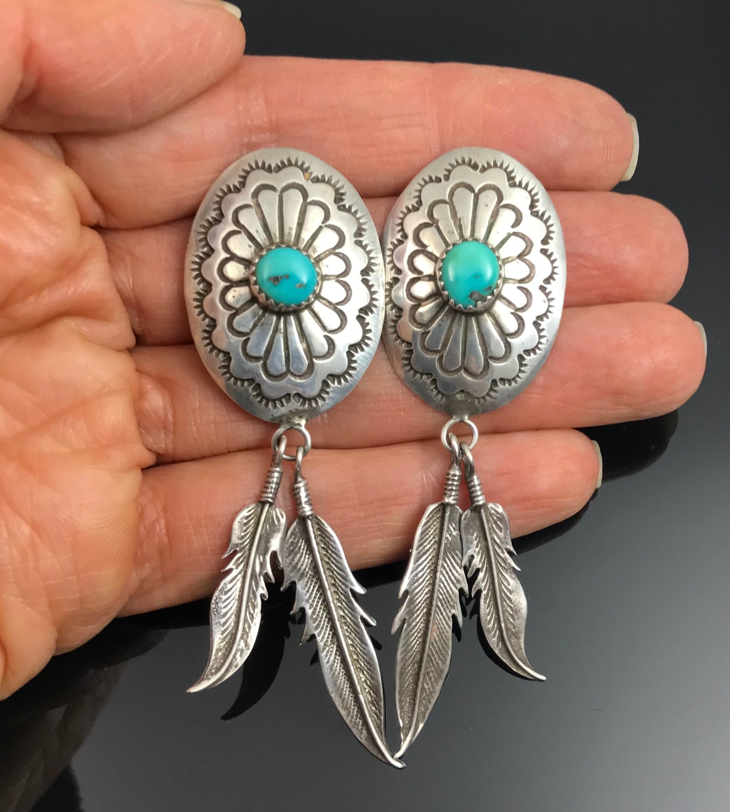 Turquoise Concho and Feather Earrings Native American Navajo - Vintage