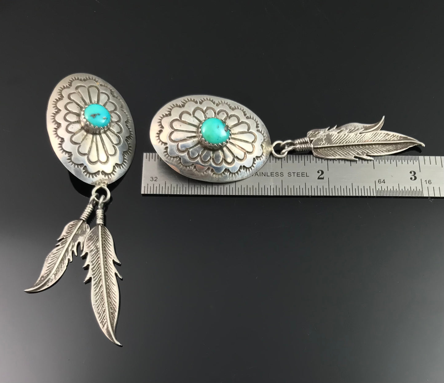 Turquoise Concho and Feather Earrings Native American Navajo - Vintage