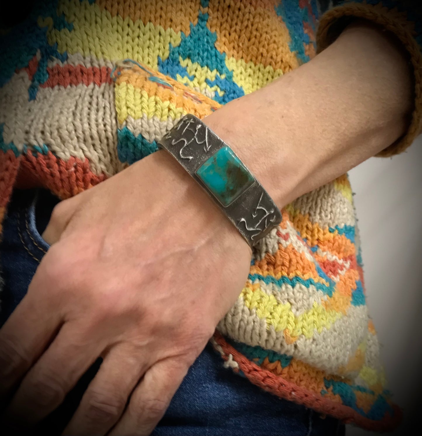 Vintage Tufa Cast Turquoise Native American Navajo Cuff Bracelet