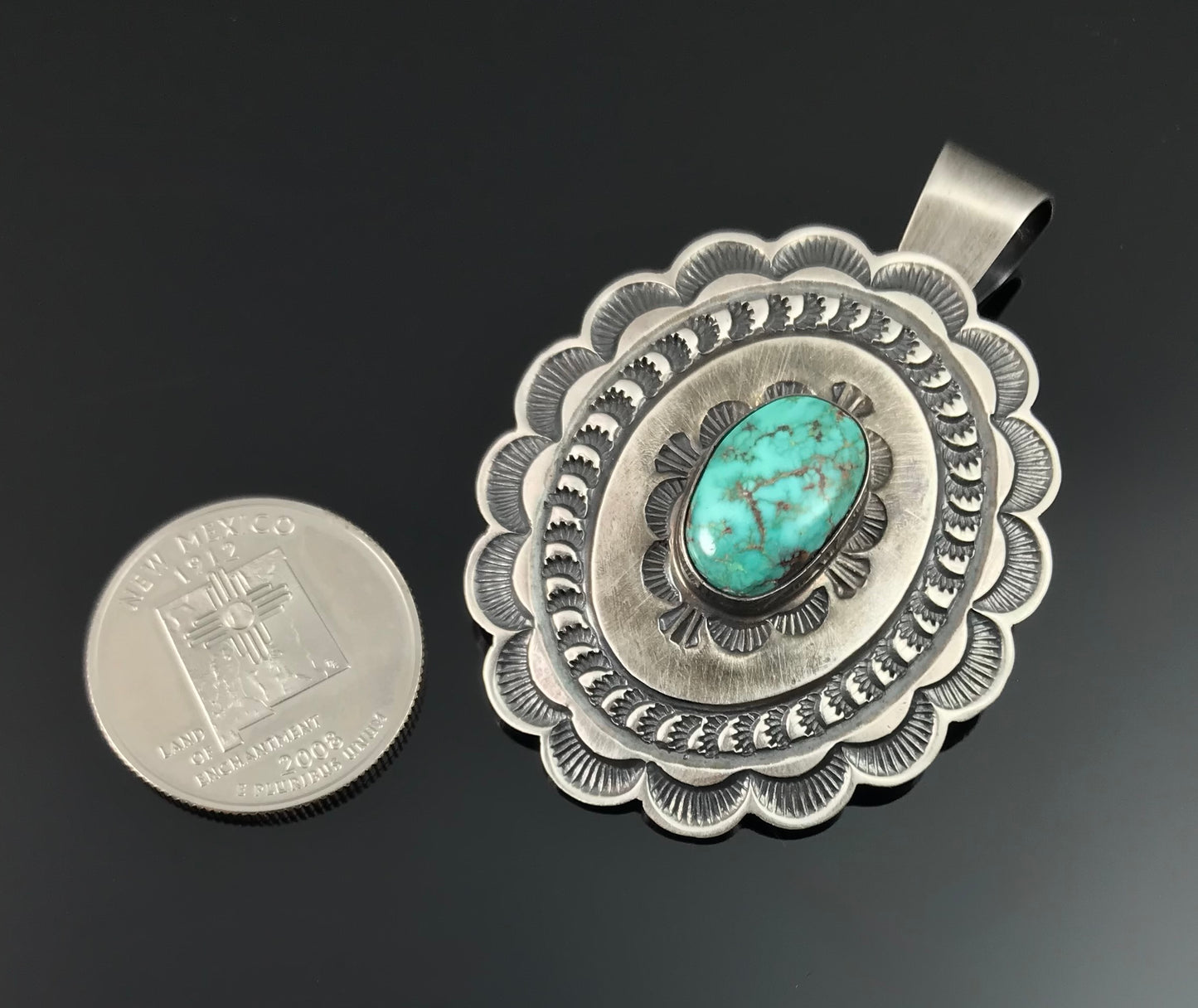 Navajo Turquoise Concho Hand Stamped Pendant Native American - Andy Cadman