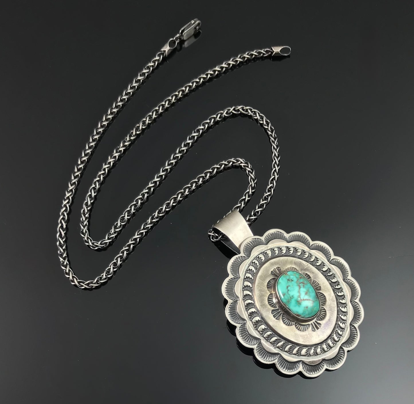 Navajo Turquoise Concho Hand Stamped Pendant Native American - Andy Cadman