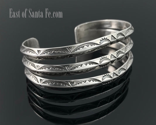 Triple Triangle Carinated Stamped Cuff Bracelet Native American Navajo Sterling Silver - Vintage