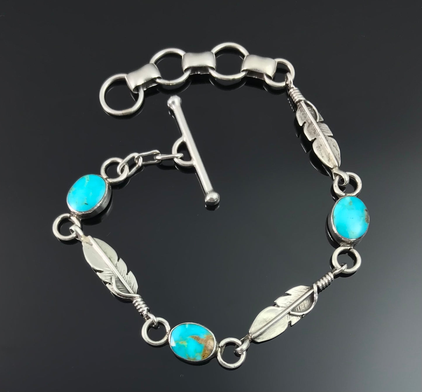 Turquoise and Feathers Link Bracelet Native American Navajo - Tony Garcia