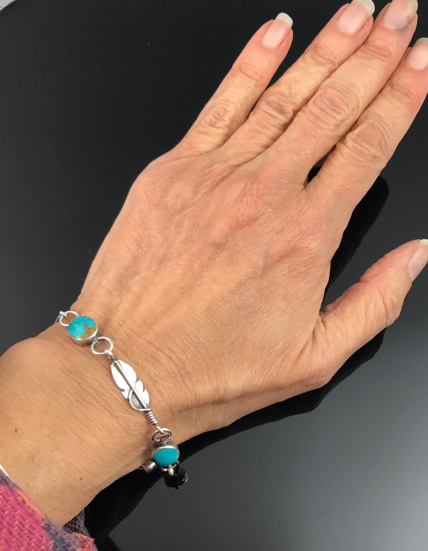Turquoise and Feathers Link Bracelet Native American Navajo - Tony Garcia