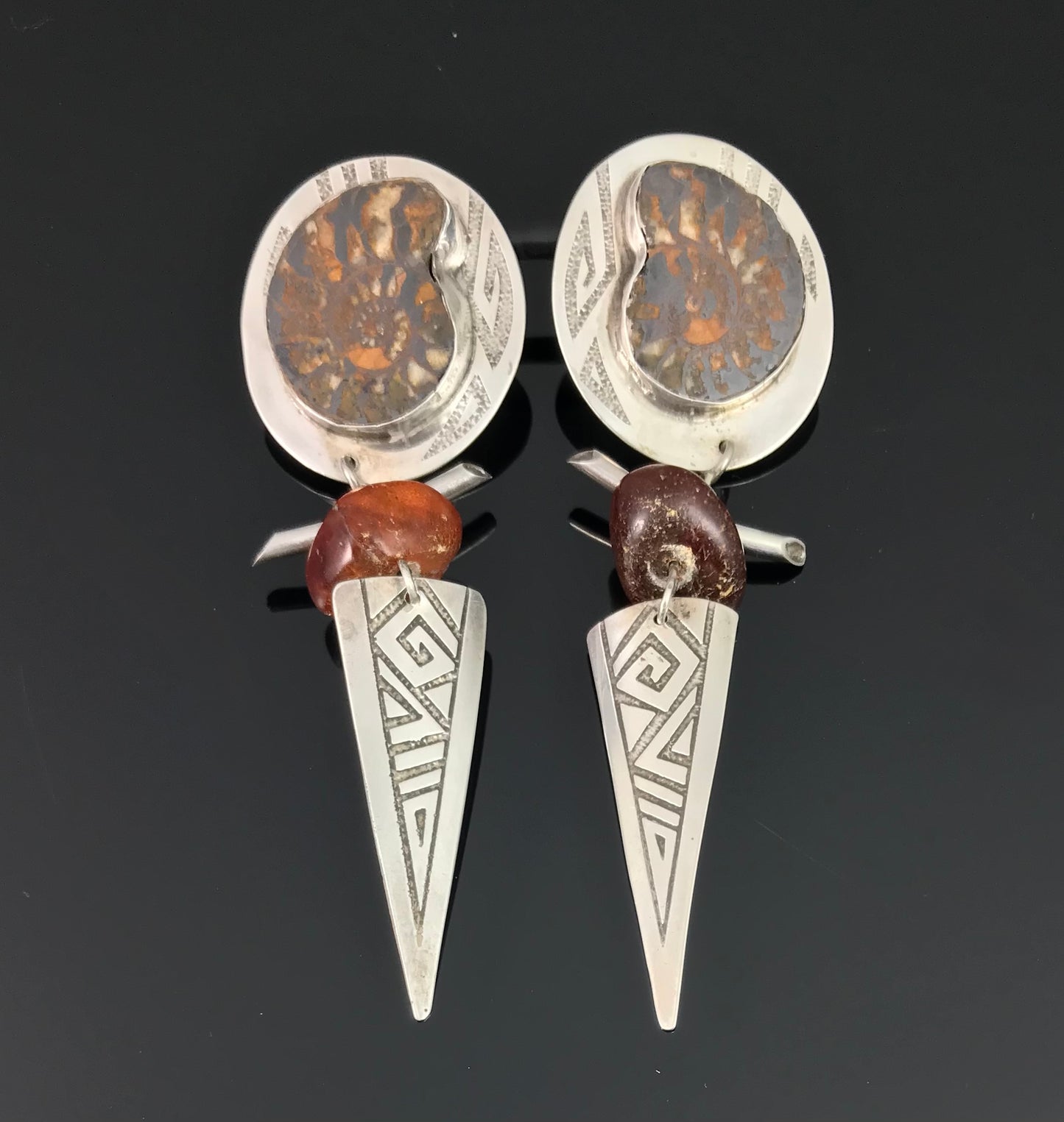 Ammonite and Amber Sterling Silver Tribal Earrings