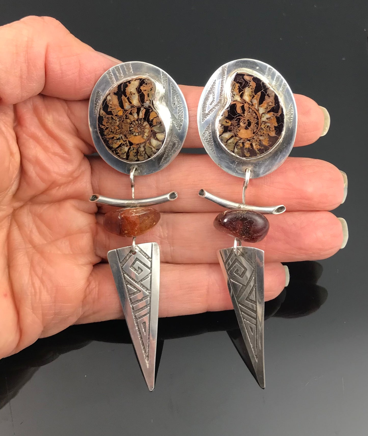 Ammonite and Amber Sterling Silver Tribal Earrings