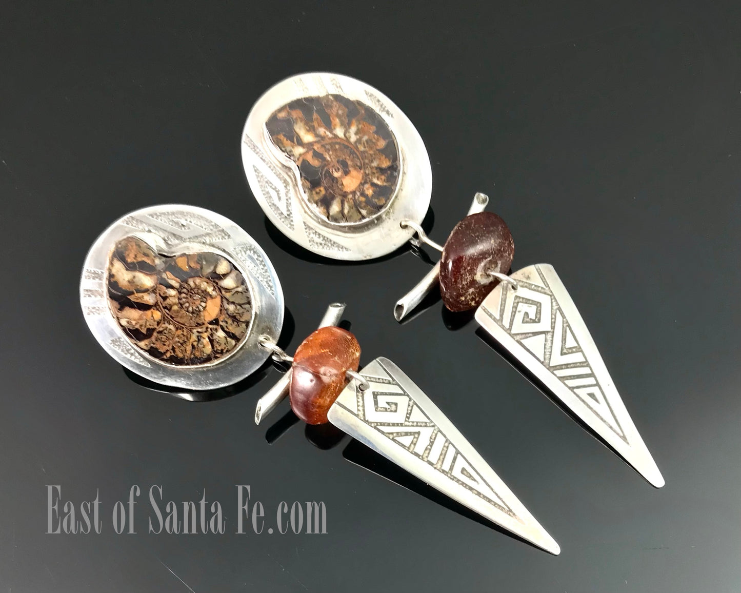 Ammonite and Amber Sterling Silver Tribal Earrings