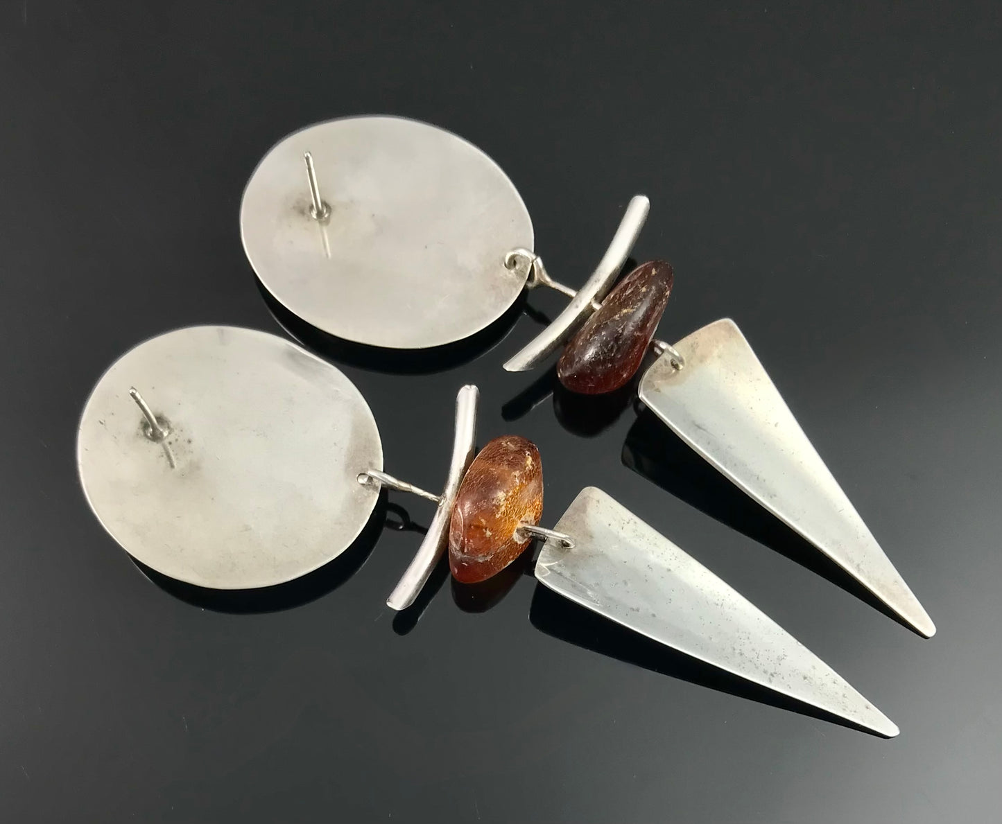 Ammonite and Amber Sterling Silver Tribal Earrings