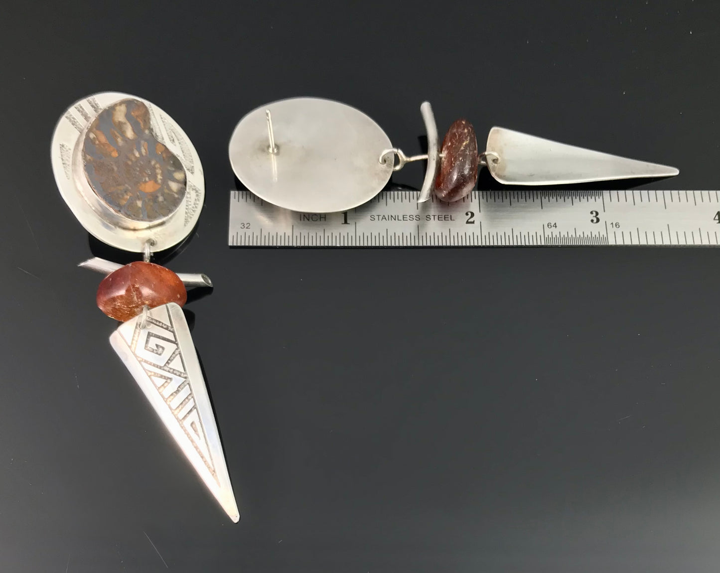 Ammonite and Amber Sterling Silver Tribal Earrings