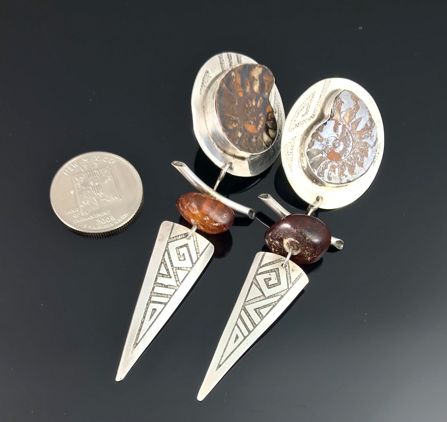 Ammonite and Amber Sterling Silver Tribal Earrings