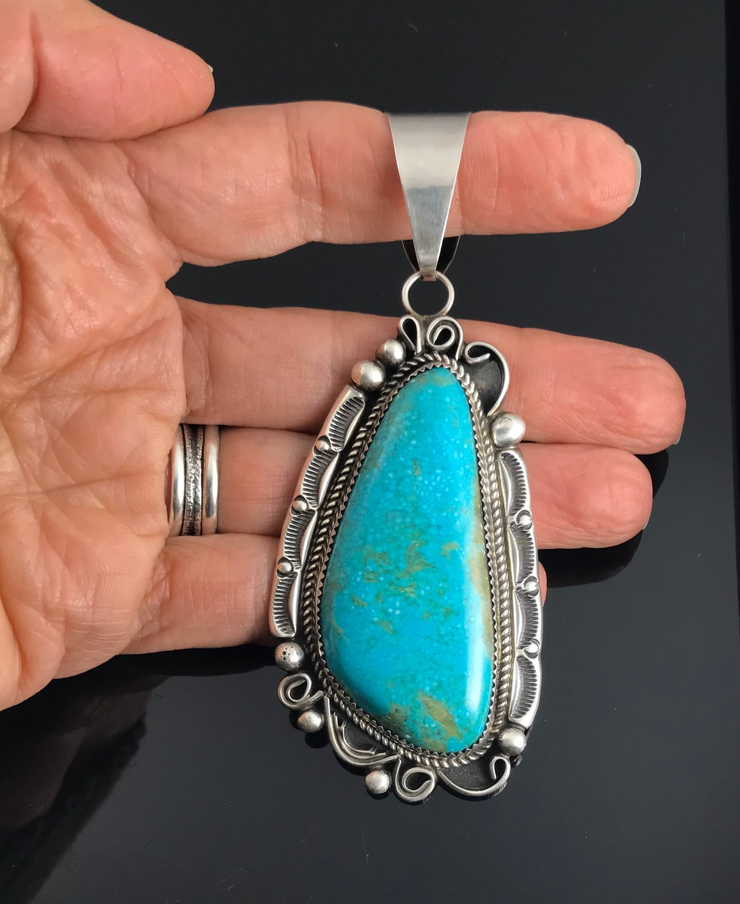 Large Bird's Eye Turquoise Navajo Native American Necklace Pendant - Leslie Nez