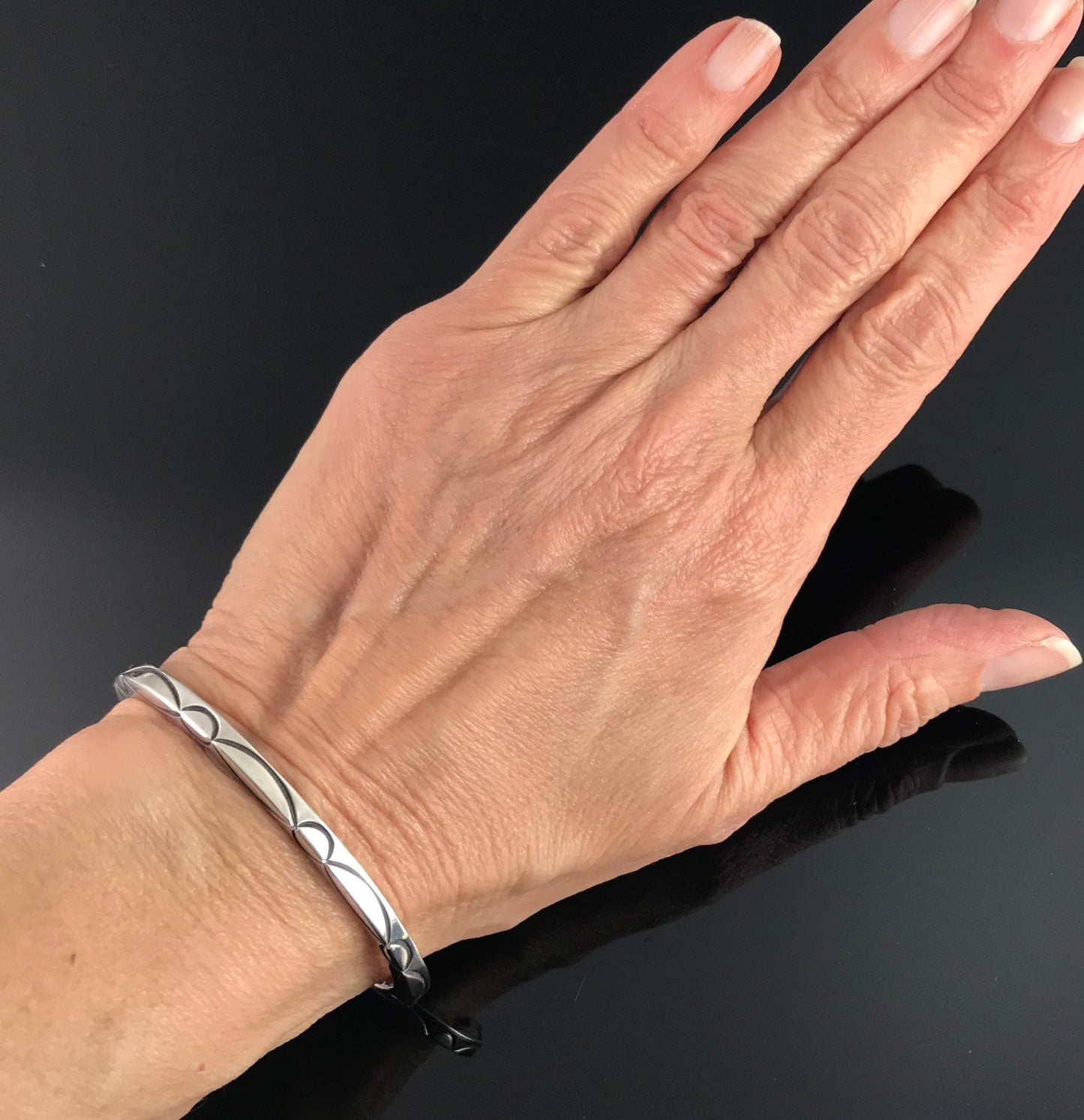 VINTAGE Heavy Stamped Cuff Bracelet Native American Navajo Sterling Silver