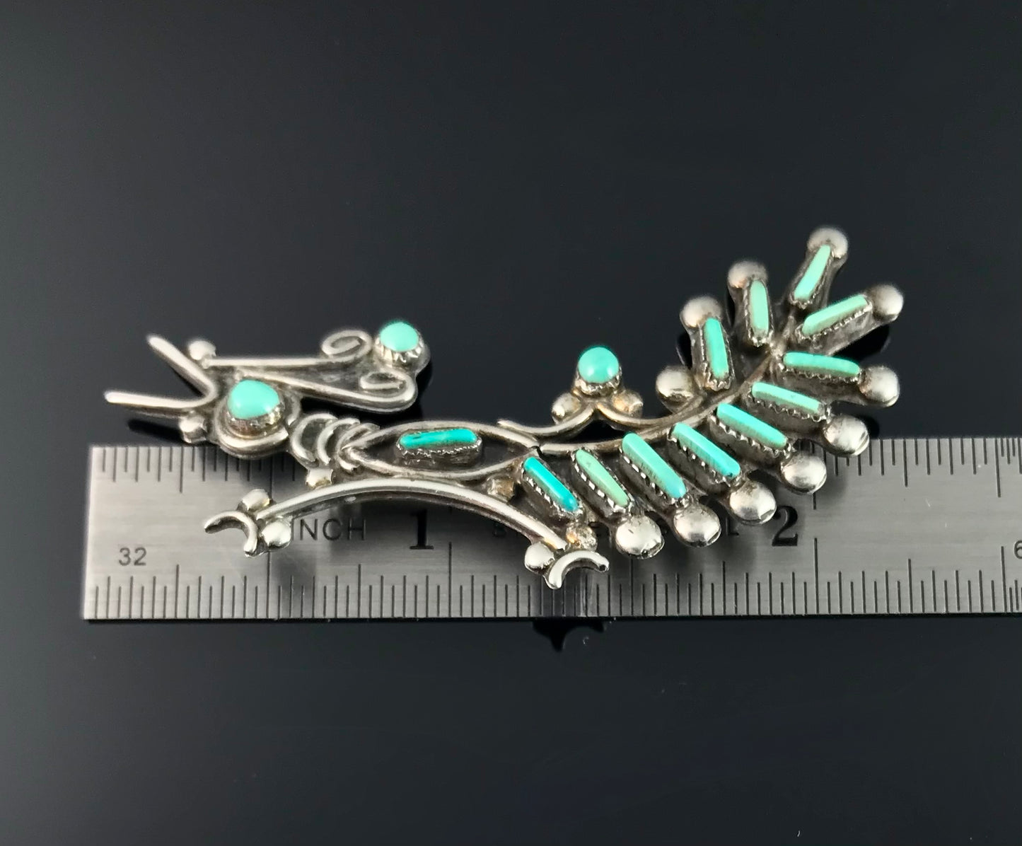 Zuni Needlepoint Turquoise Roadrunner Pin Native American - Vintage