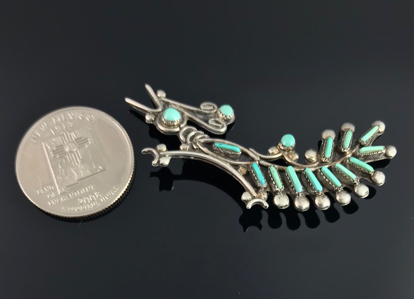 Zuni Needlepoint Turquoise Roadrunner Pin Native American - Vintage