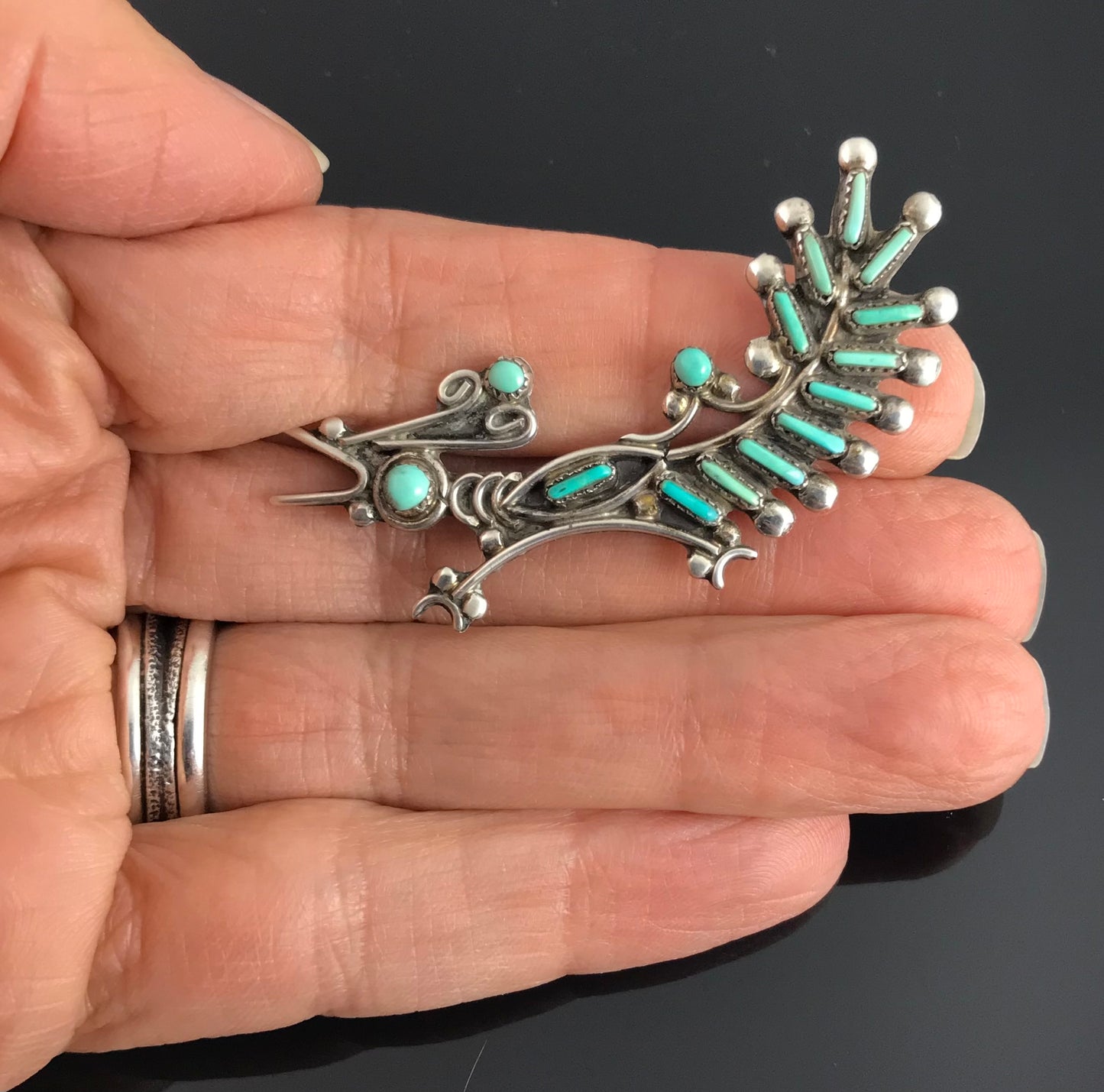 Zuni Needlepoint Turquoise Roadrunner Pin Native American - Vintage