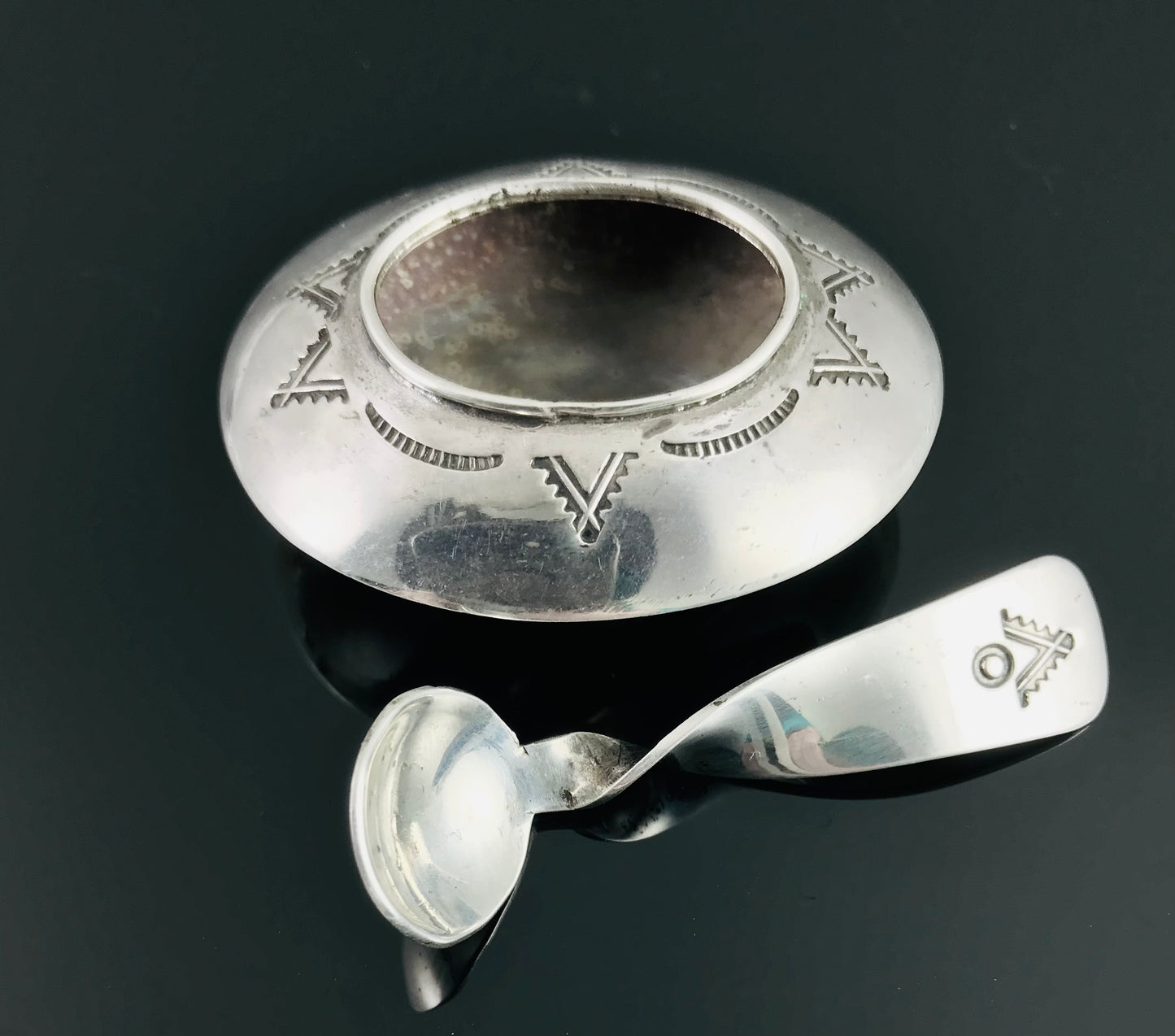 Vintage Navajo Native American Salt Cellar and Spoon Sterling Silver