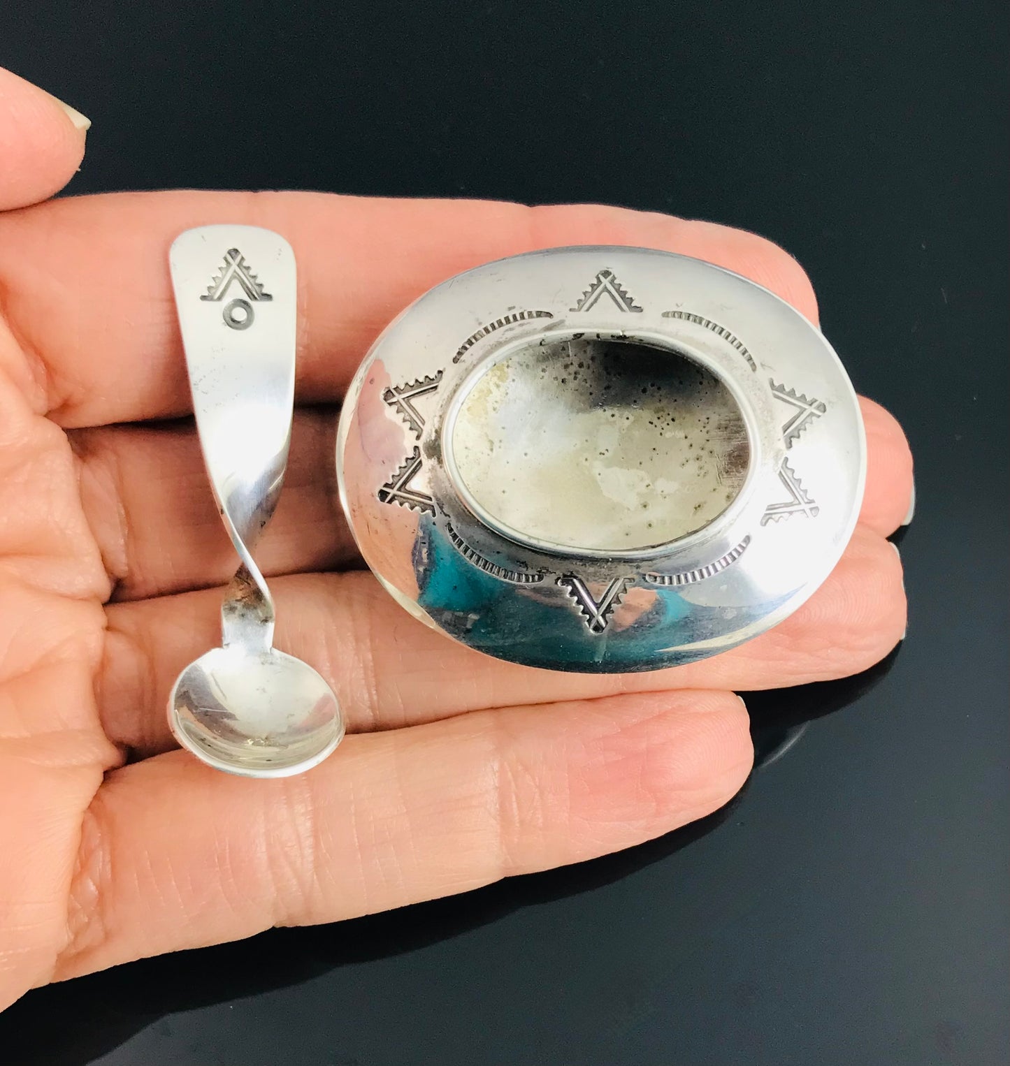 Vintage Navajo Native American Salt Cellar and Spoon Sterling Silver