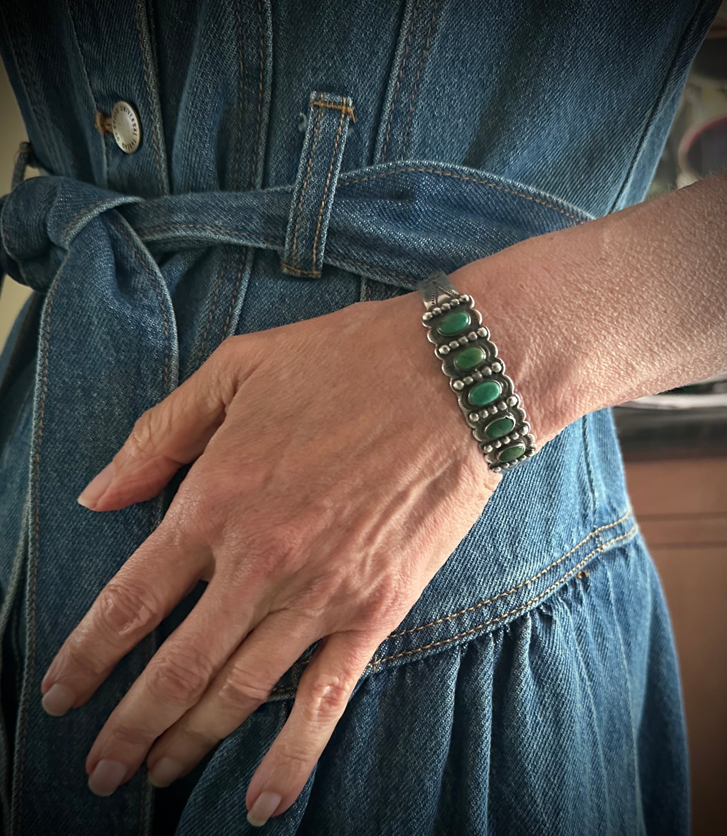 1920's - 1930s Fred Harvey Era Turquoise Native American Cuff Bracelet - IH Coin Silver