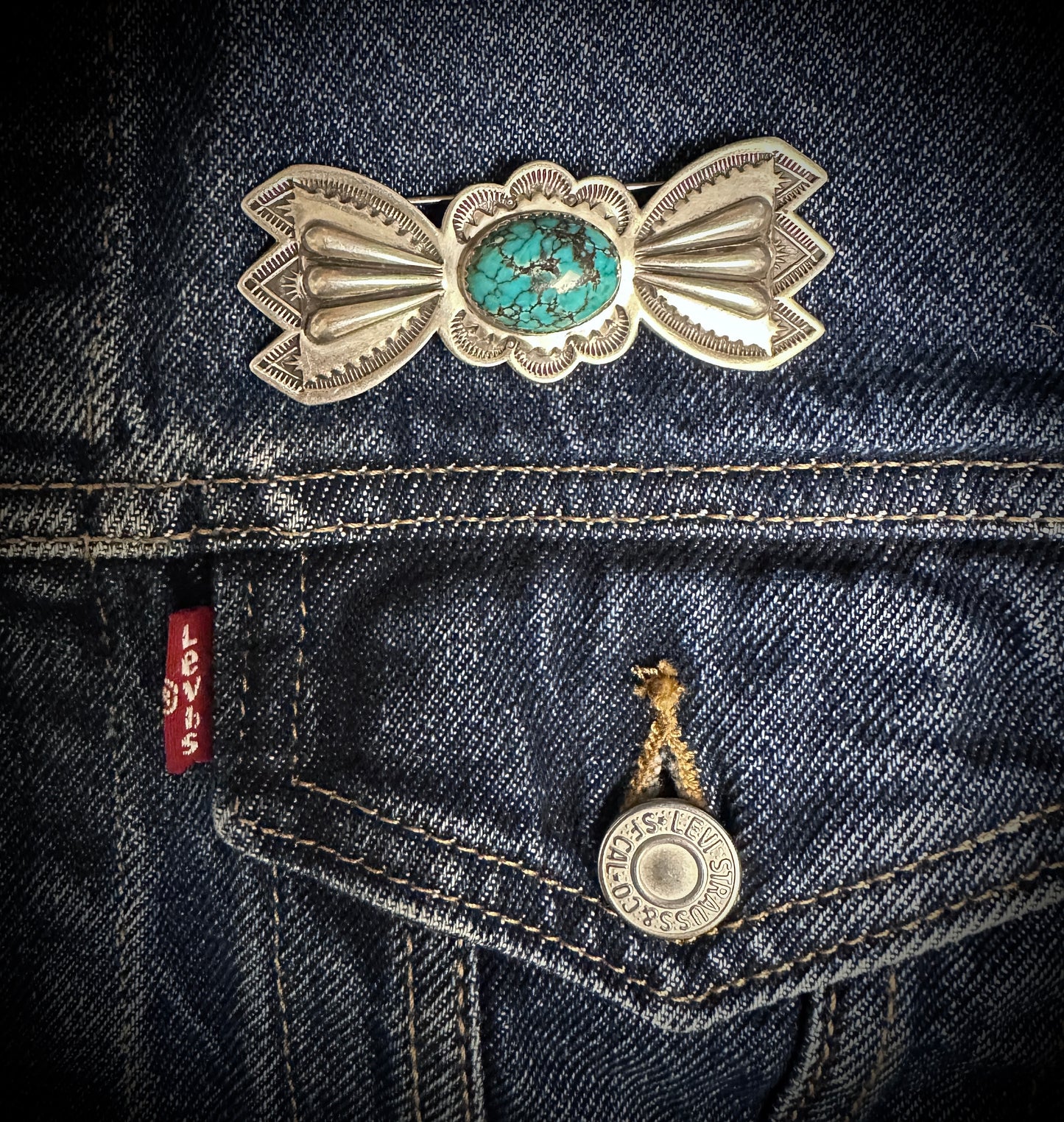Large Turquoise Concho Bow Tie Pin Native American Navajo - Edison Sandy Smith
