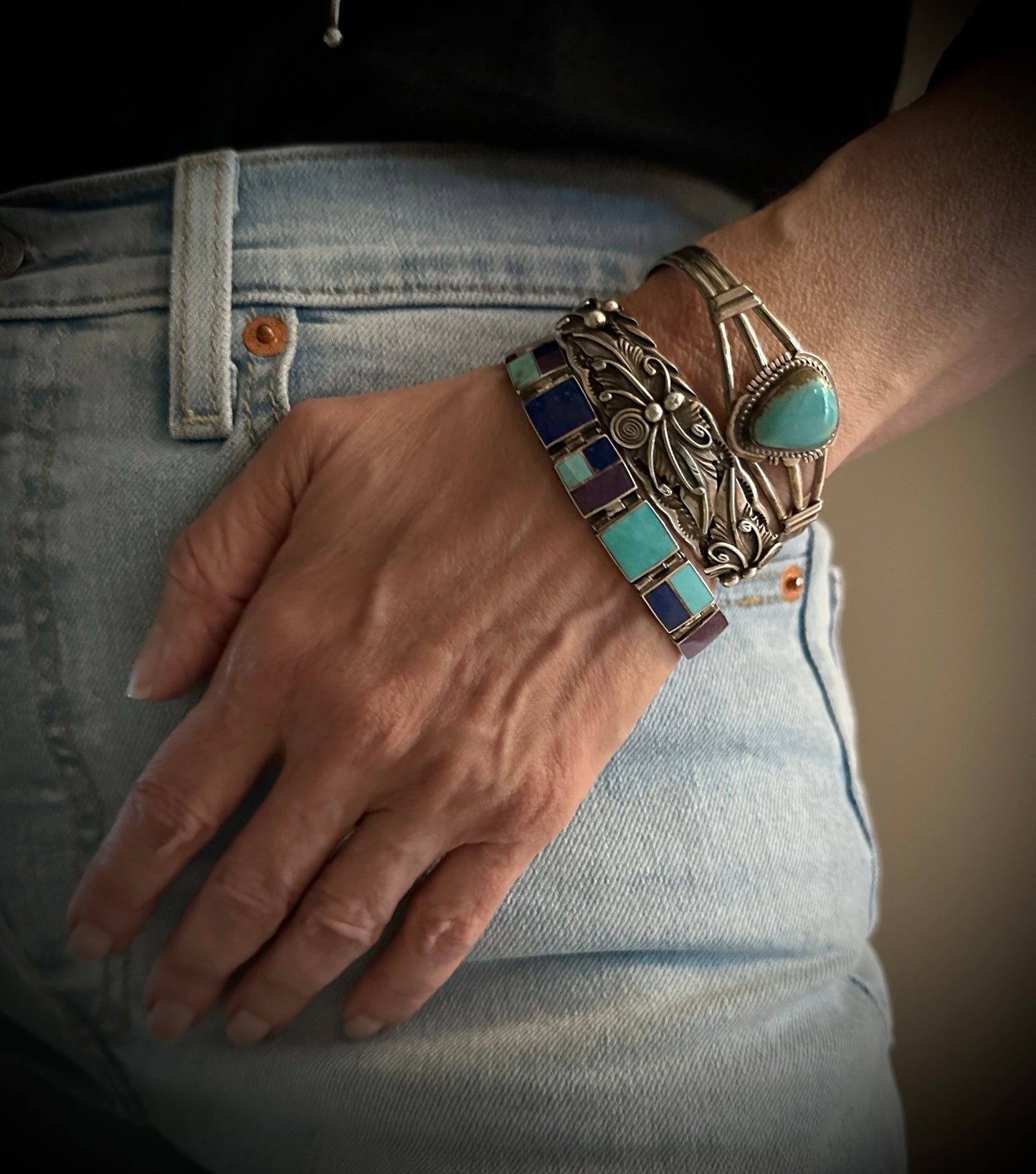 Inlay Link Bracelet Turquoise, Lapis, Sugilite - Mexican Vintage