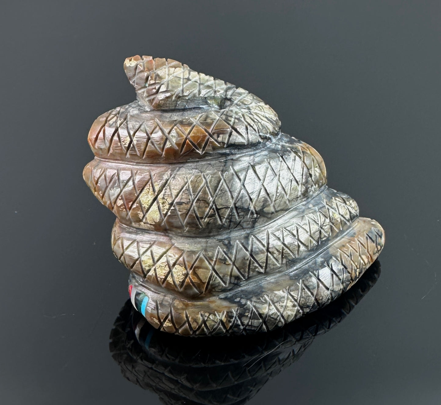 Zuni Coiled Rattlesnake Fetish w/ Turquoise Eyes and Inlay Tail Native American - Lenny Chuyate