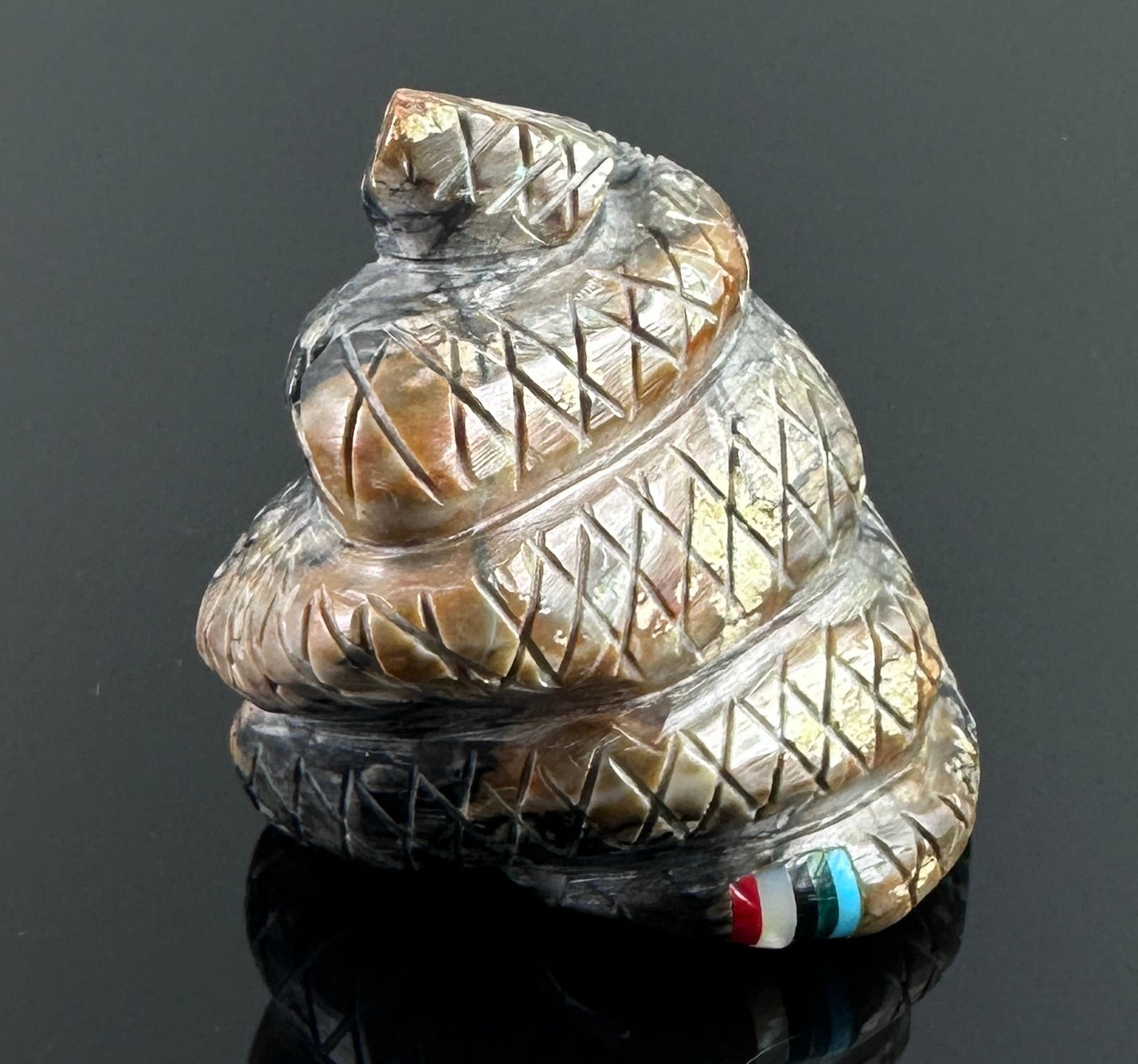 Zuni Coiled Rattlesnake Fetish w/ Turquoise Eyes and Inlay Tail Native American - Lenny Chuyate