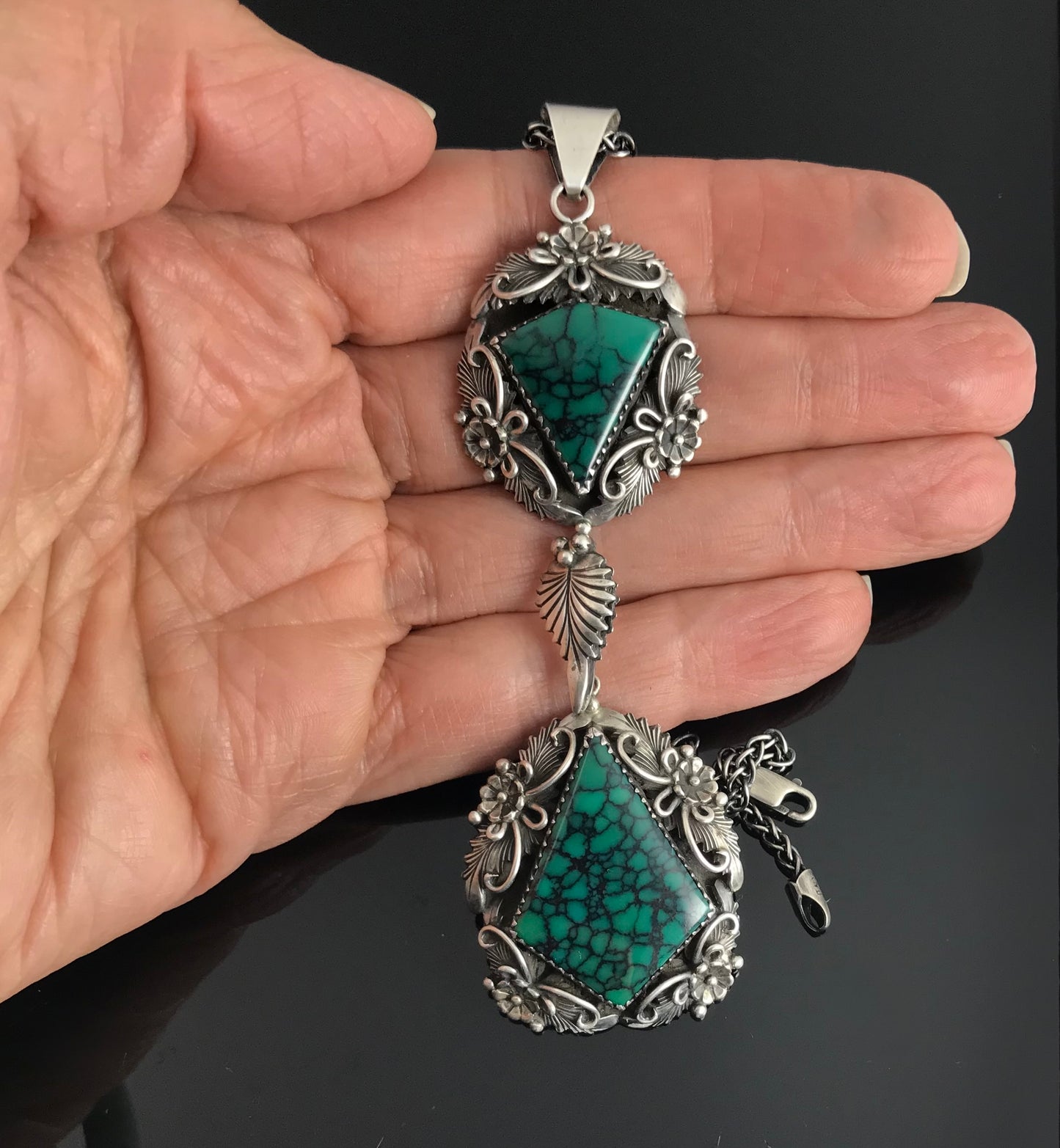 Double Spider Web Turquoise Navajo Pendant Native American - Peterson Johnson
