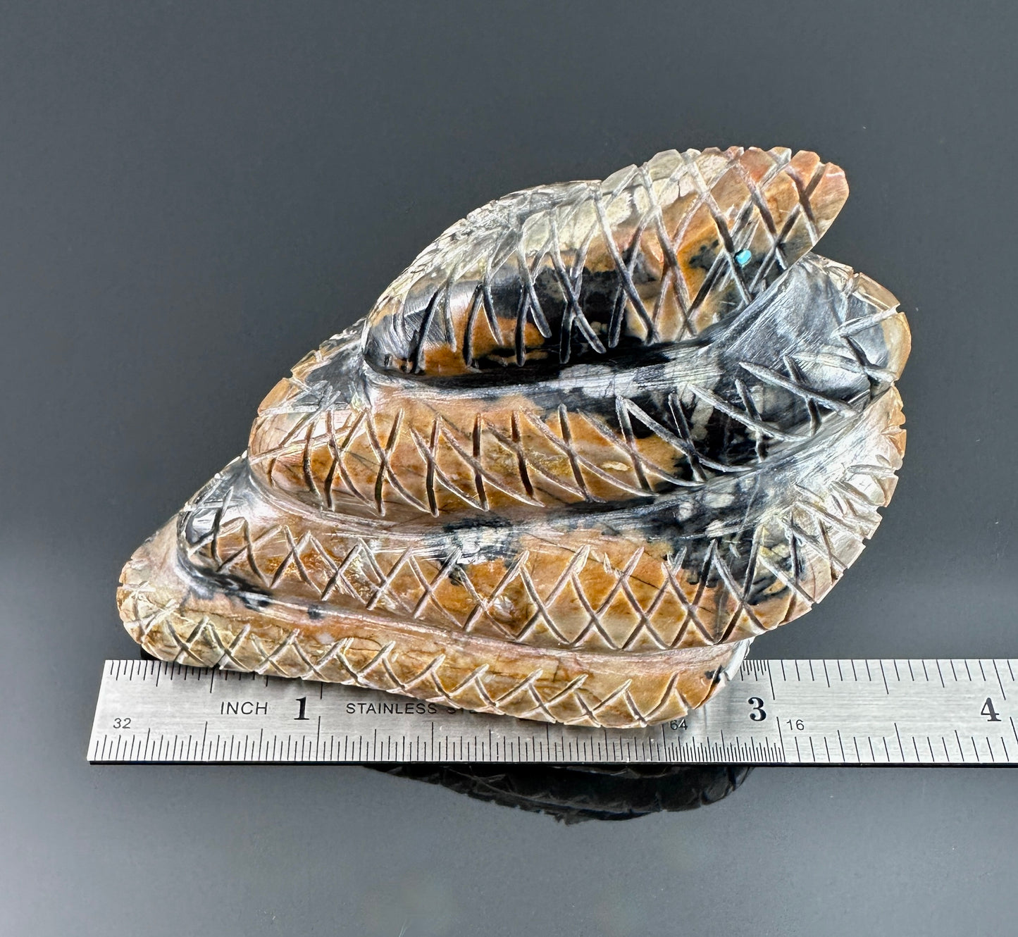 Zuni Coiled Rattlesnake Fetish w/ Turquoise Eyes and Inlay Tail Native American - Lenny Chuyate