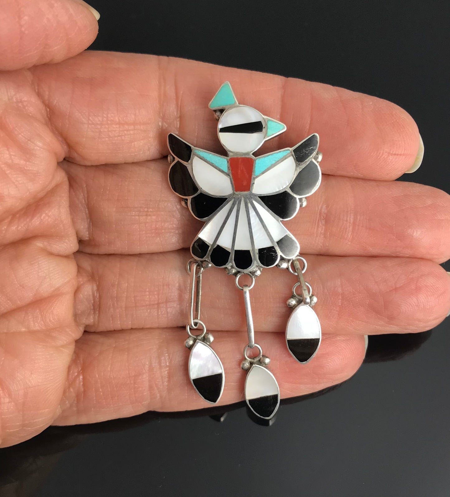 Zuni Thunderbird Inlay Pin Pendant Native American - Ricky Lateyice