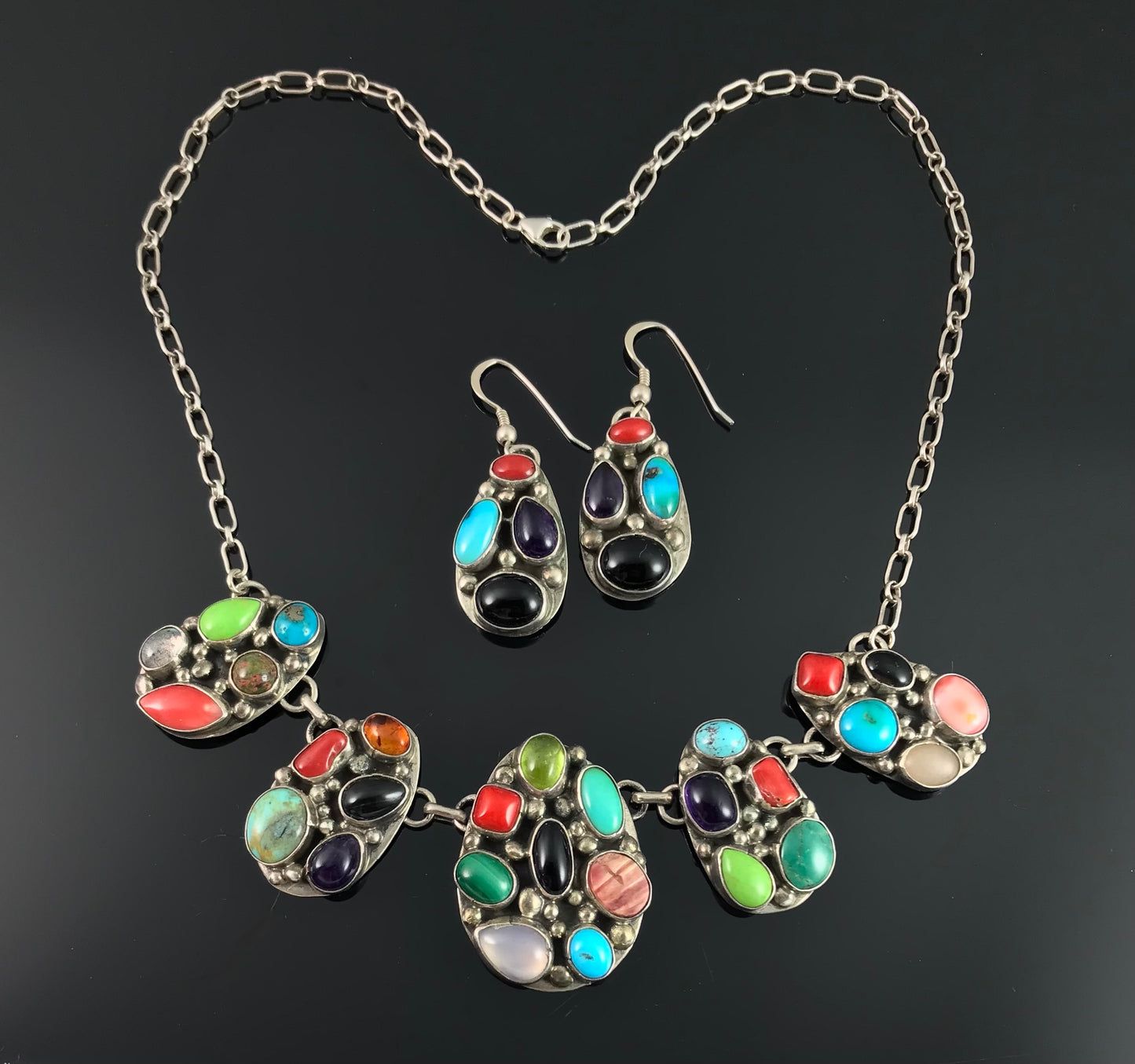 Native American Multi Stone Necklace and Earrings - Vintage