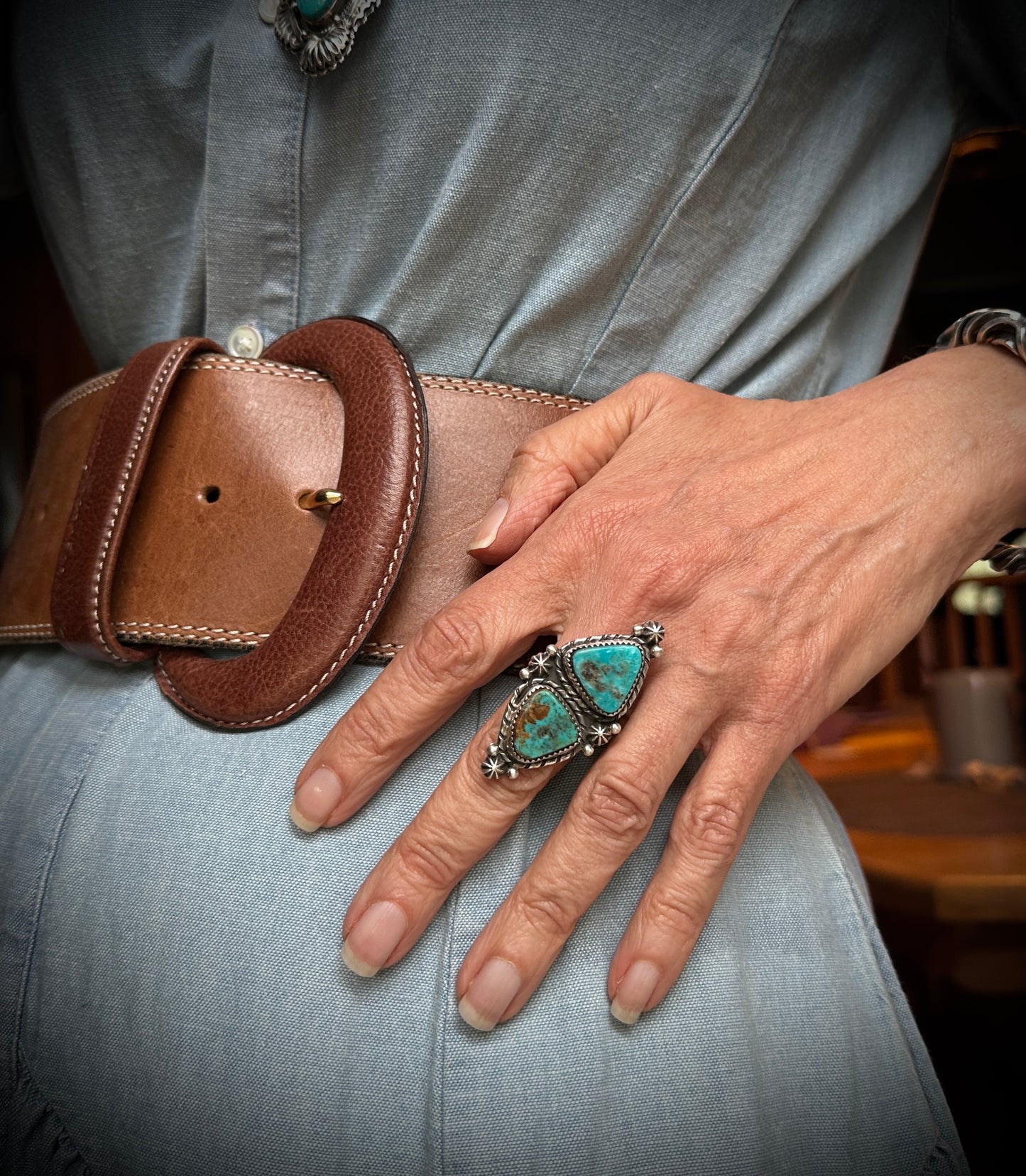 Double Turquoise Navajo Ring Size 8 Native American - Rosella Paxton