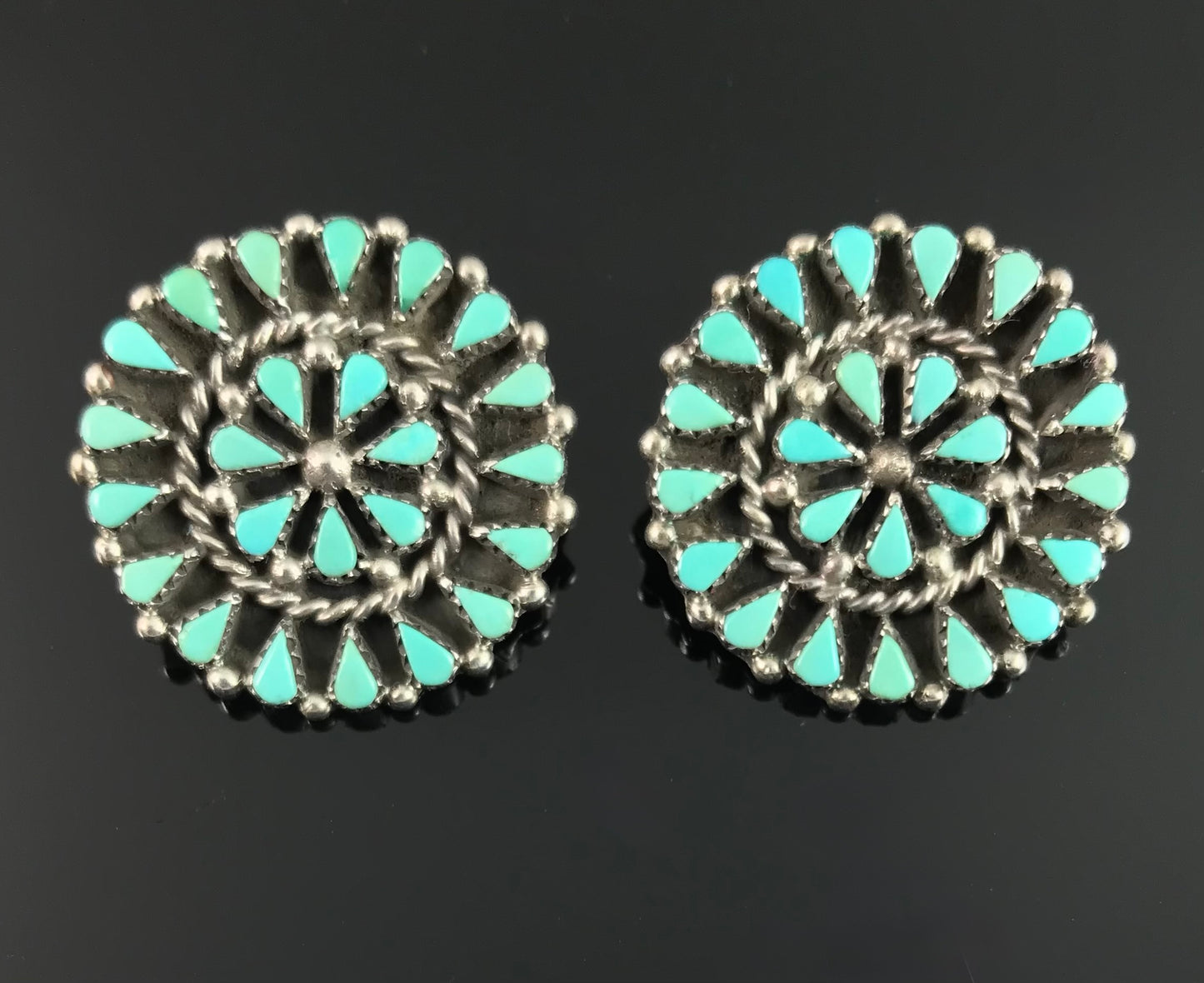 VINTAGE Zuni Turquoise Petit Point Clip Back Earrings Native American - Vintage
