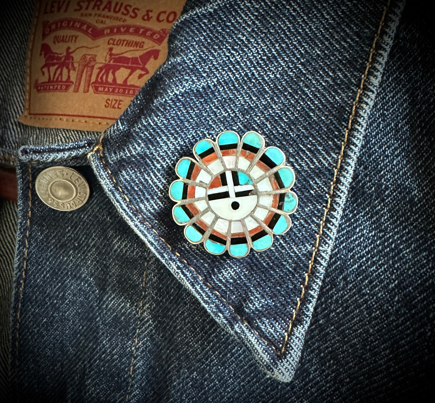 Zuni Turquoise Sun Face Pin Native American - Vintage