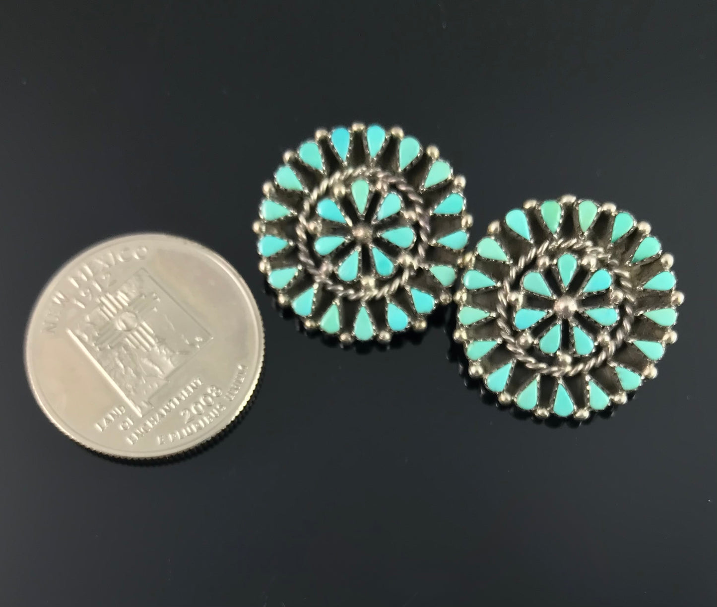 VINTAGE Zuni Turquoise Petit Point Clip Back Earrings Native American - Vintage