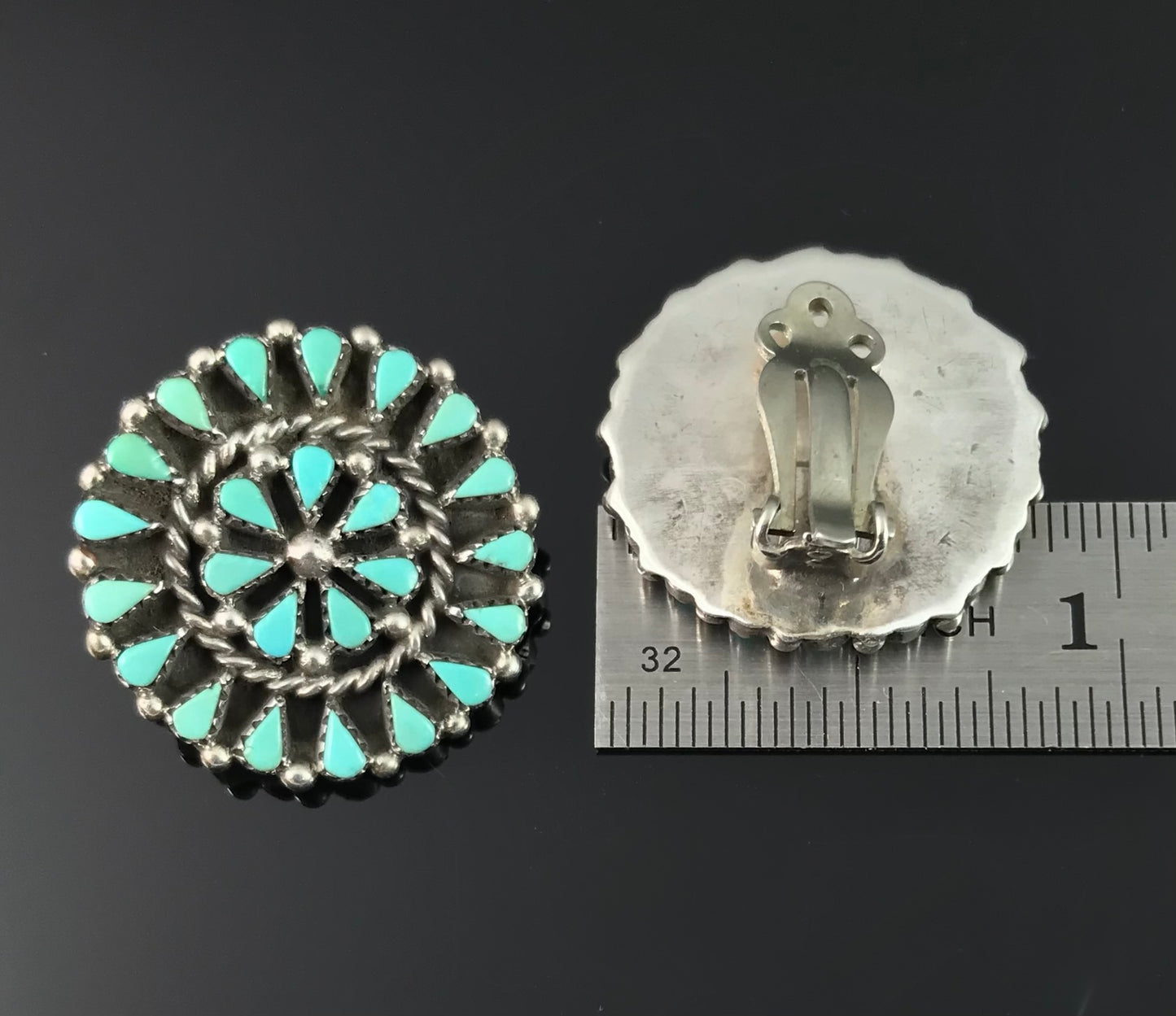 VINTAGE Zuni Turquoise Petit Point Clip Back Earrings Native American - Vintage