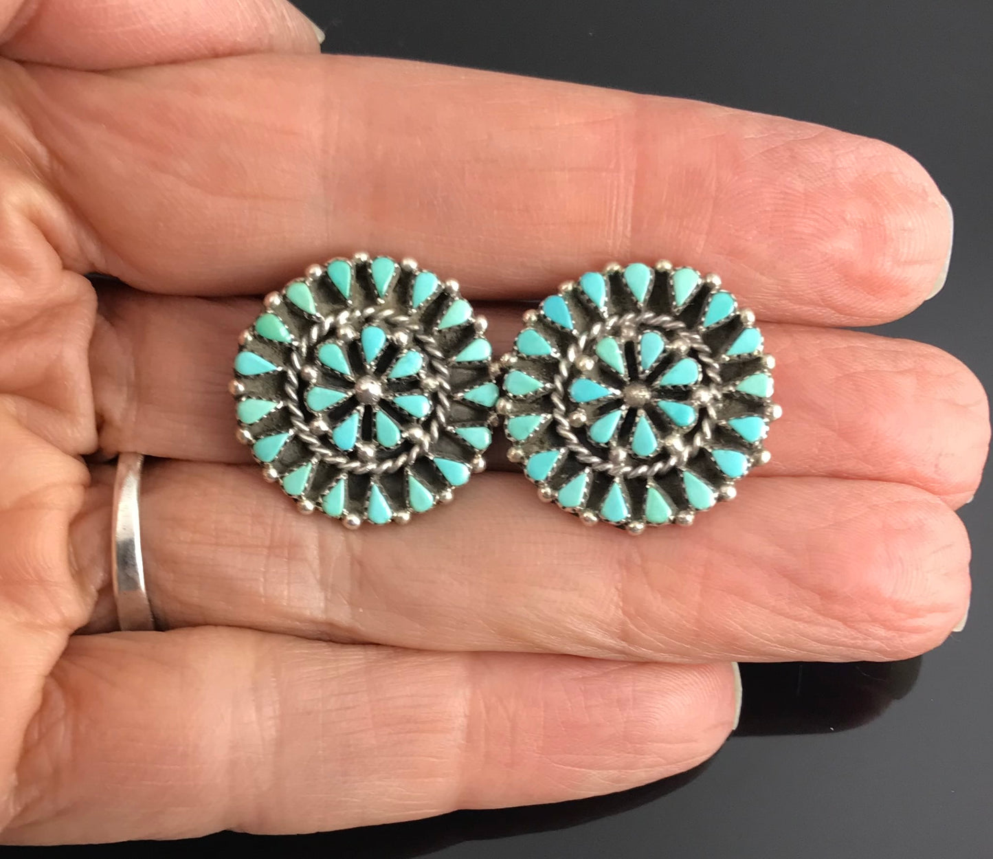 VINTAGE Zuni Turquoise Petit Point Clip Back Earrings Native American - Vintage
