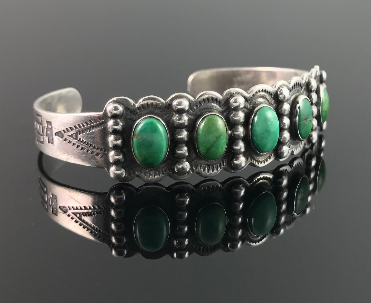 1920's - 1930s Fred Harvey Era Turquoise Native American Cuff Bracelet - IH Coin Silver