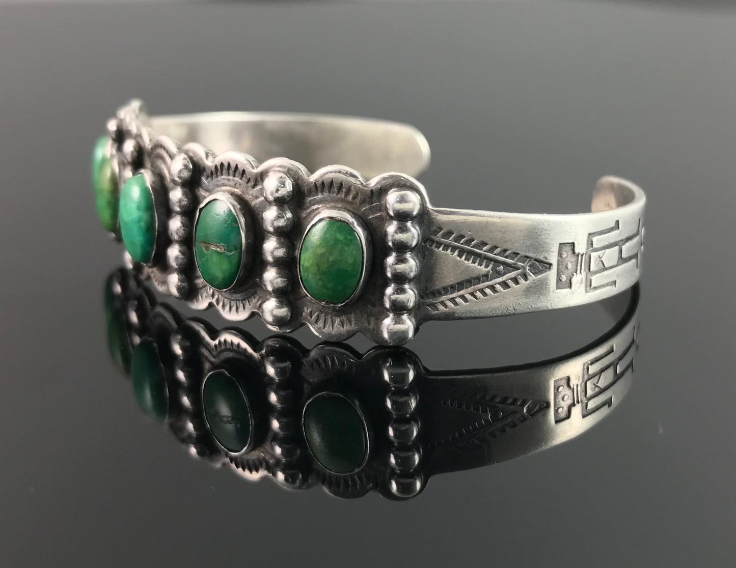 1920's - 1930s Fred Harvey Era Turquoise Native American Cuff Bracelet - IH Coin Silver