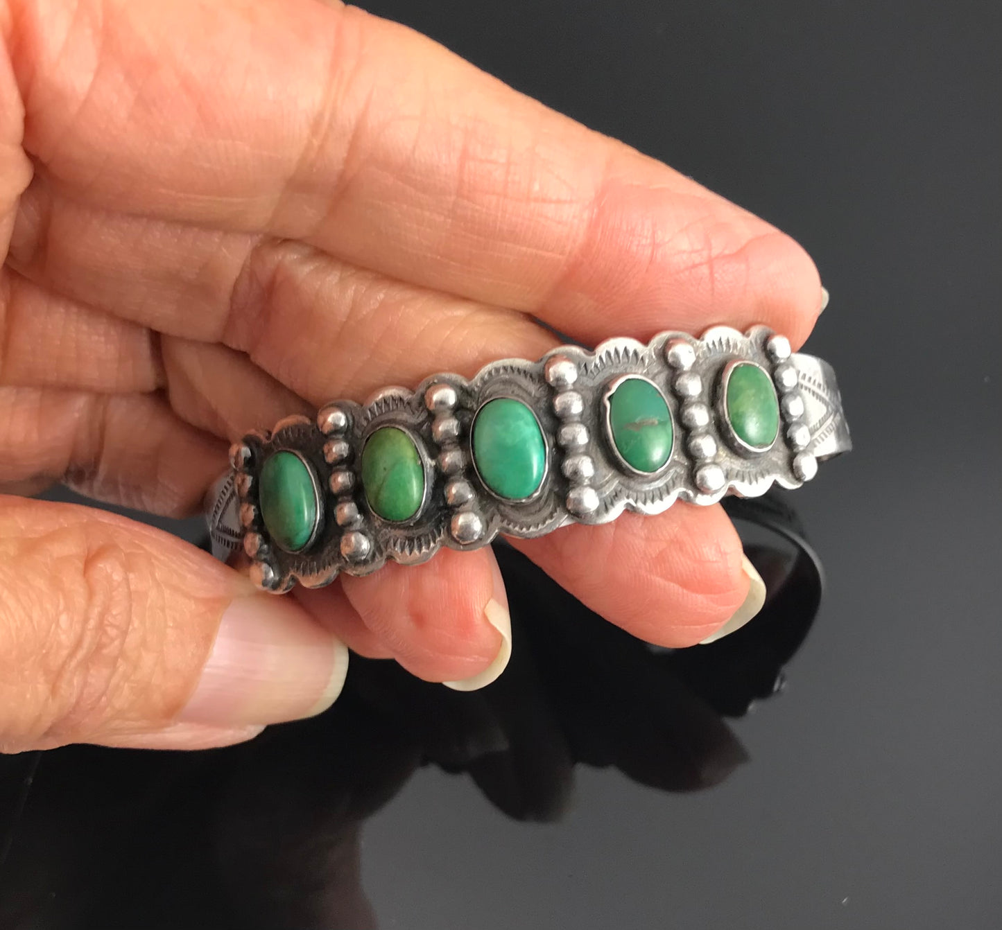 1920's - 1930s Fred Harvey Era Turquoise Native American Cuff Bracelet - IH Coin Silver