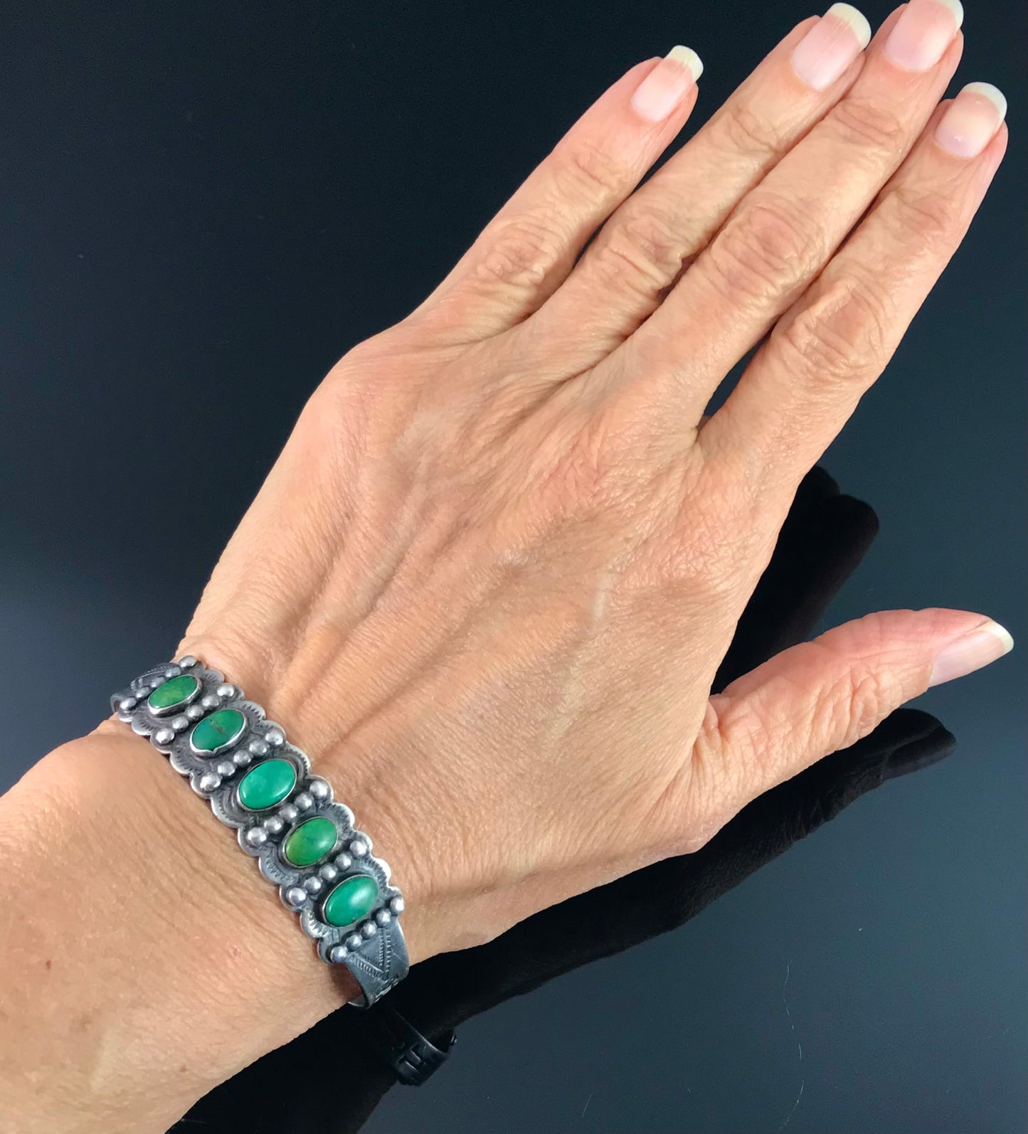 1920's - 1930s Fred Harvey Era Turquoise Native American Cuff Bracelet - IH Coin Silver