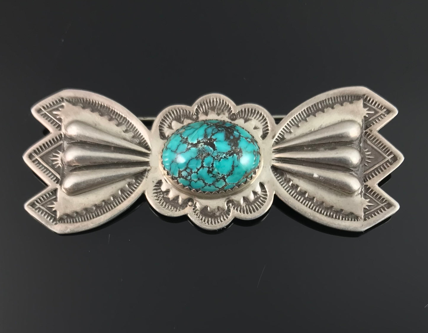 Large Turquoise Concho Bow Tie Pin Native American Navajo - Edison Sandy Smith